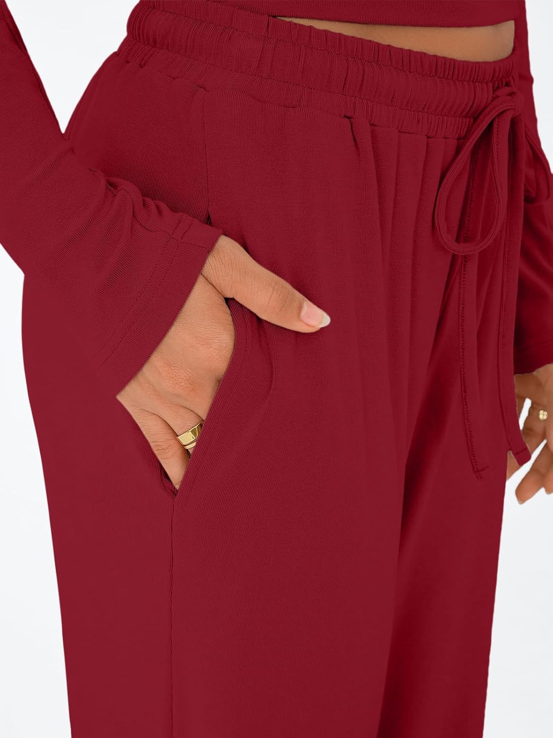 Trendy Queen Women's 2 Piece Matching Lounge Set Long Sleeve Side Ruching Top Wide Leg Drawstring Pants Set with Pockets - Image 5