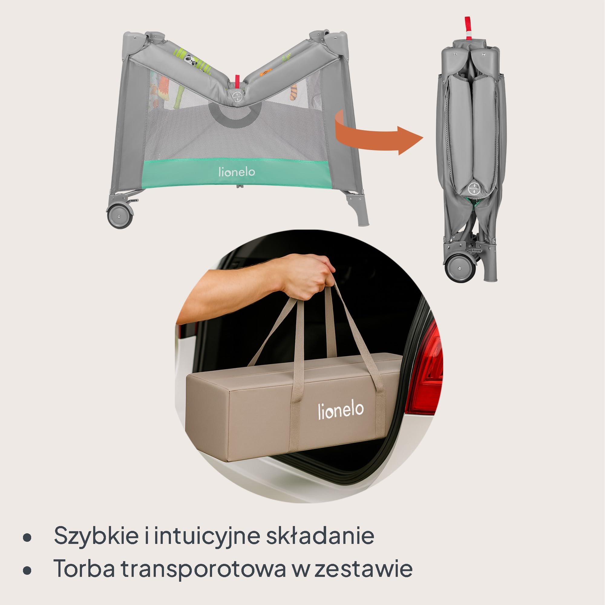 LIONELO Kojec dziecięcy MILLE PLUS do 15 kg 0-36 miesięcy, Boczne Wejście, Materac 3D, 2 Koła z Hamulcem Łatwe Składanie, Torba Transportowa