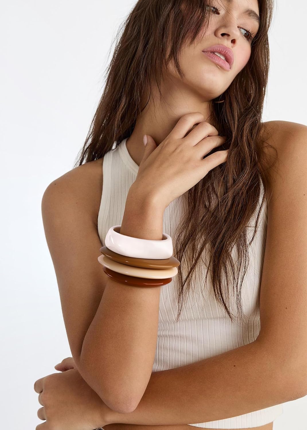 WOWORAMA 4Pcs Resin Acrylic Bangle Bracelets Set for Women Stackable White Brown Acetate Resin Bangles Geometric Chunky Acrylic Bracelet Trendy Plastic Bangle Jewelry - Image 7
