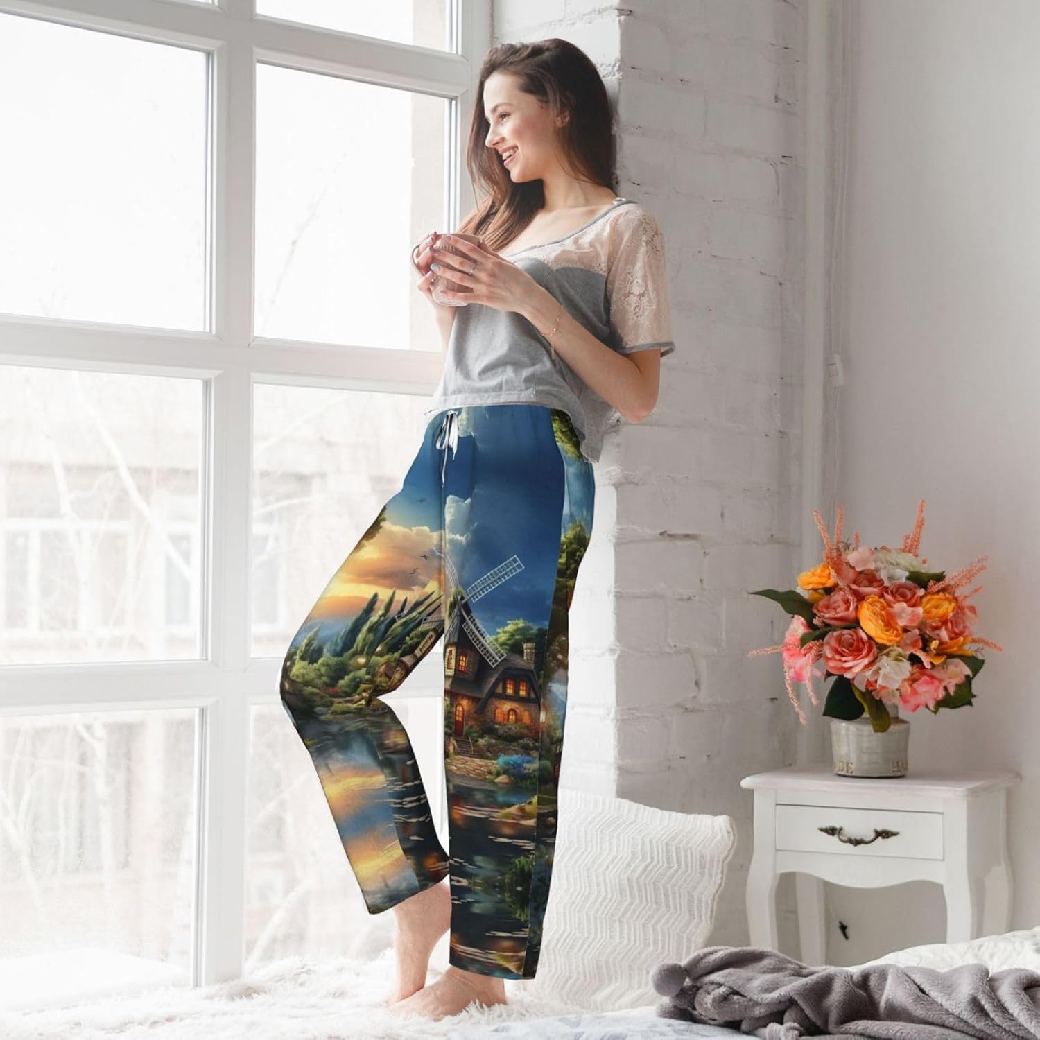 Sunset Windmill Print Cozy Flannel Pajama Pants For Women,Warm Christmas Pj Pants,Cute Fleece Pajamas