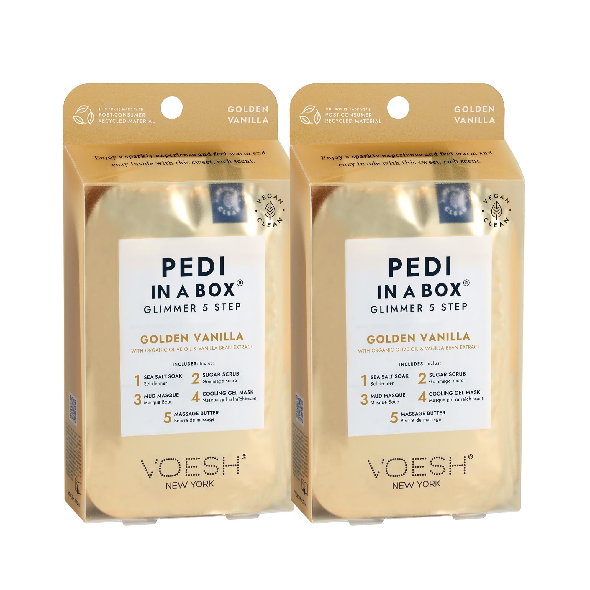 VOESH Pedi in a Box Glimmer - 2 Packs, Pedi in a Box, Spa Pedicure Kit, Sparkly Pedicure, DIY Pedi, Foot Care, At-Home Pedi Products, Vegan Skincare 2 Pack Golden