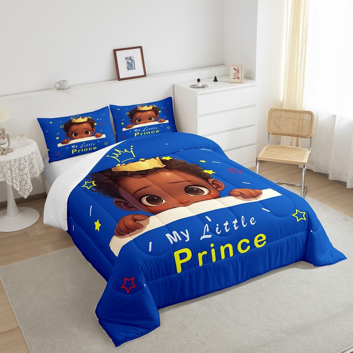 Erosebridal Queen Comforter Set for Boys American Boy Bedding Bedroom Decor, Cute Afro Melanin Prince Toddler Bedding Set for Kids Juneteenth Gifts Black Afro-Boy Duvet Insert with 2 Pillowcases