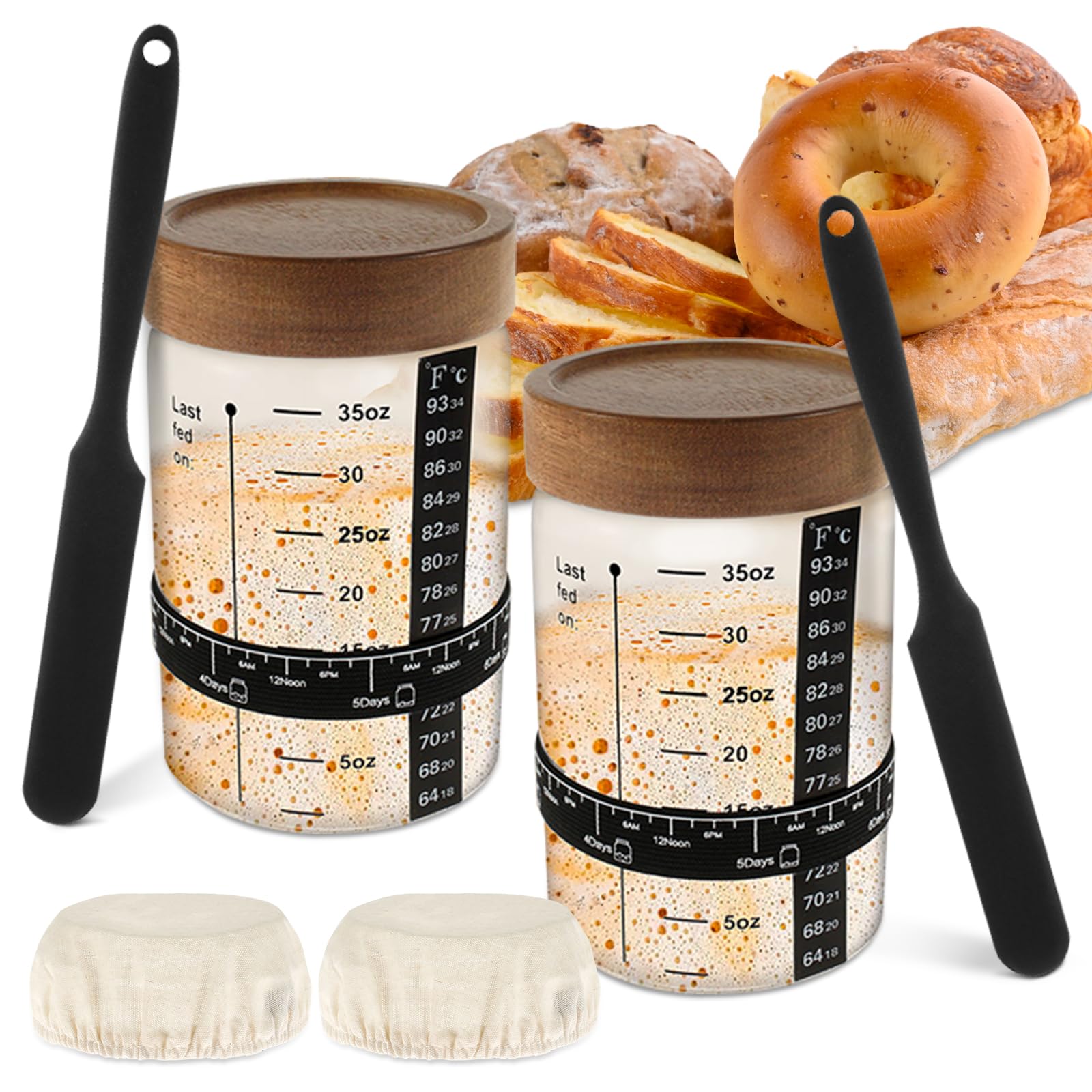 YMKWZ 1000ml Sourdough Starter Jar Kit Heat Resistant Sourdough Starter Container with Wooden Lid Reusable Wide Mouth Glass Jar for Sourdough Bread