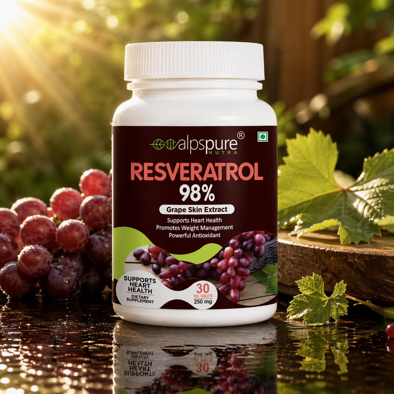 Alpspure Nutra Resveratrol 98% (Grape Skin Extract), 30 Tablets |Supports Heart Health and Weight Management | Powerful Natural Antioxidant | Anti-ageing & Anti-inflammatory | For Men & Women 2