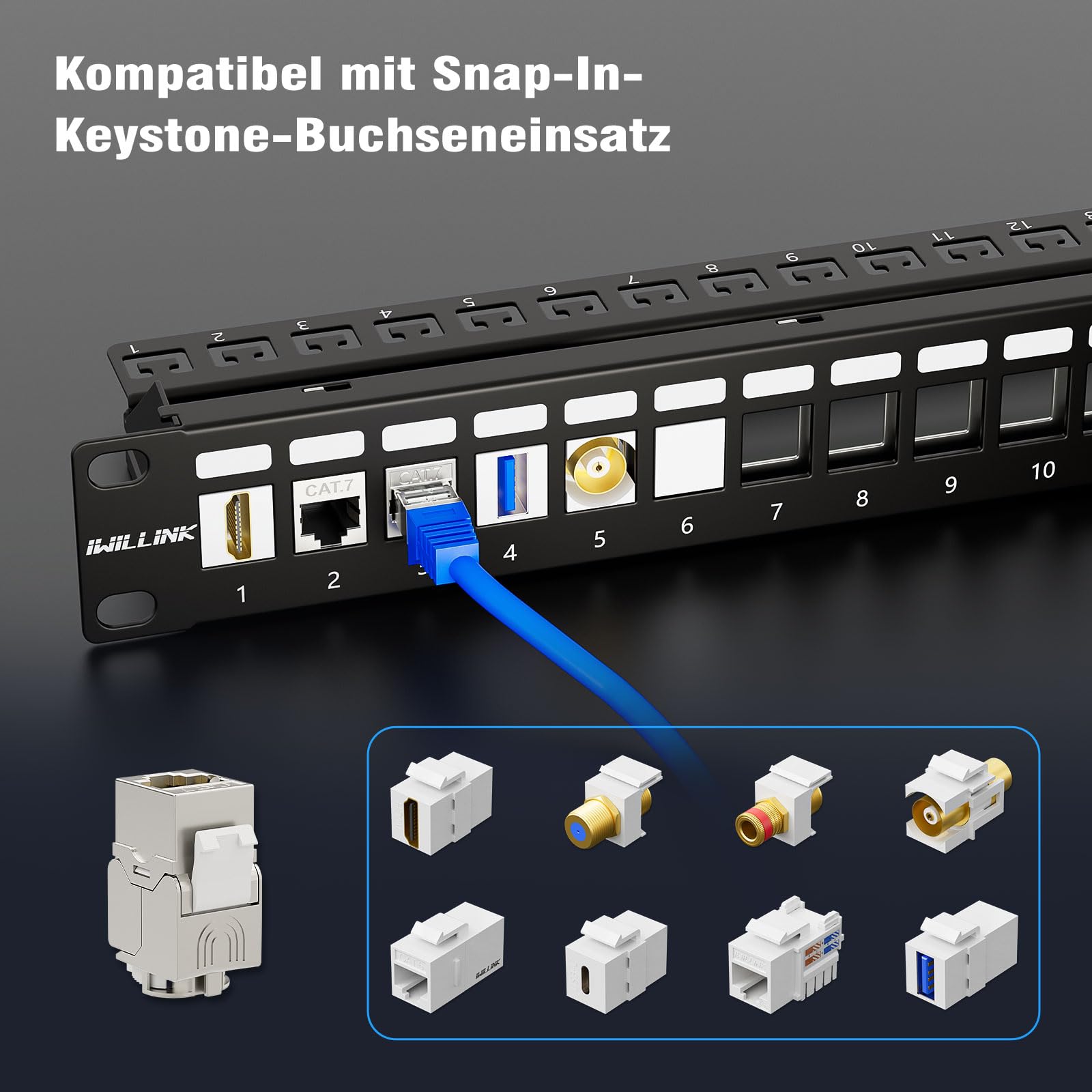 iwillink 24 Port CAT7 Patchpanel Set Patchfeld Verteilerfeld Modular, 1HE Geschirmtes 19 Zoll Rack Verteilerfeld, 10 Gbit/s 600 MHz, LAN Netzwerk Verteiler, Schwarz | CAT7 STP Patchpanel 24 Port Set