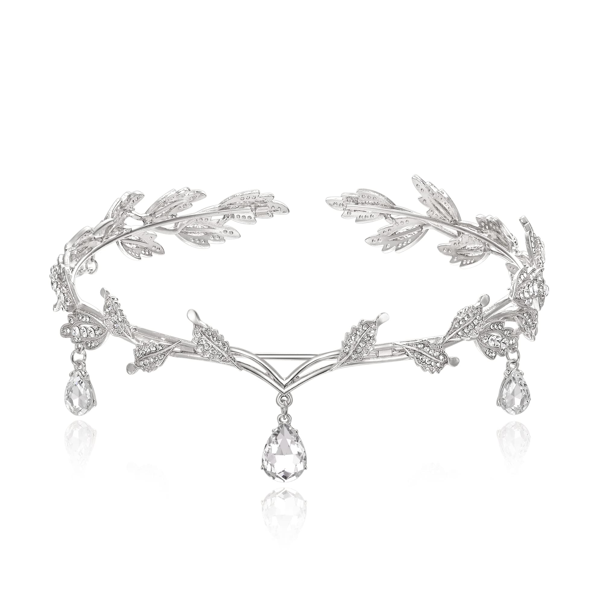 EVER FAITH Wedding Bridal Headband for Brides, Austrian Crystal Teardrop Leaf Costume Accessory Tiara Hair Band Crown for Elf Cosplay Party/Birthday/