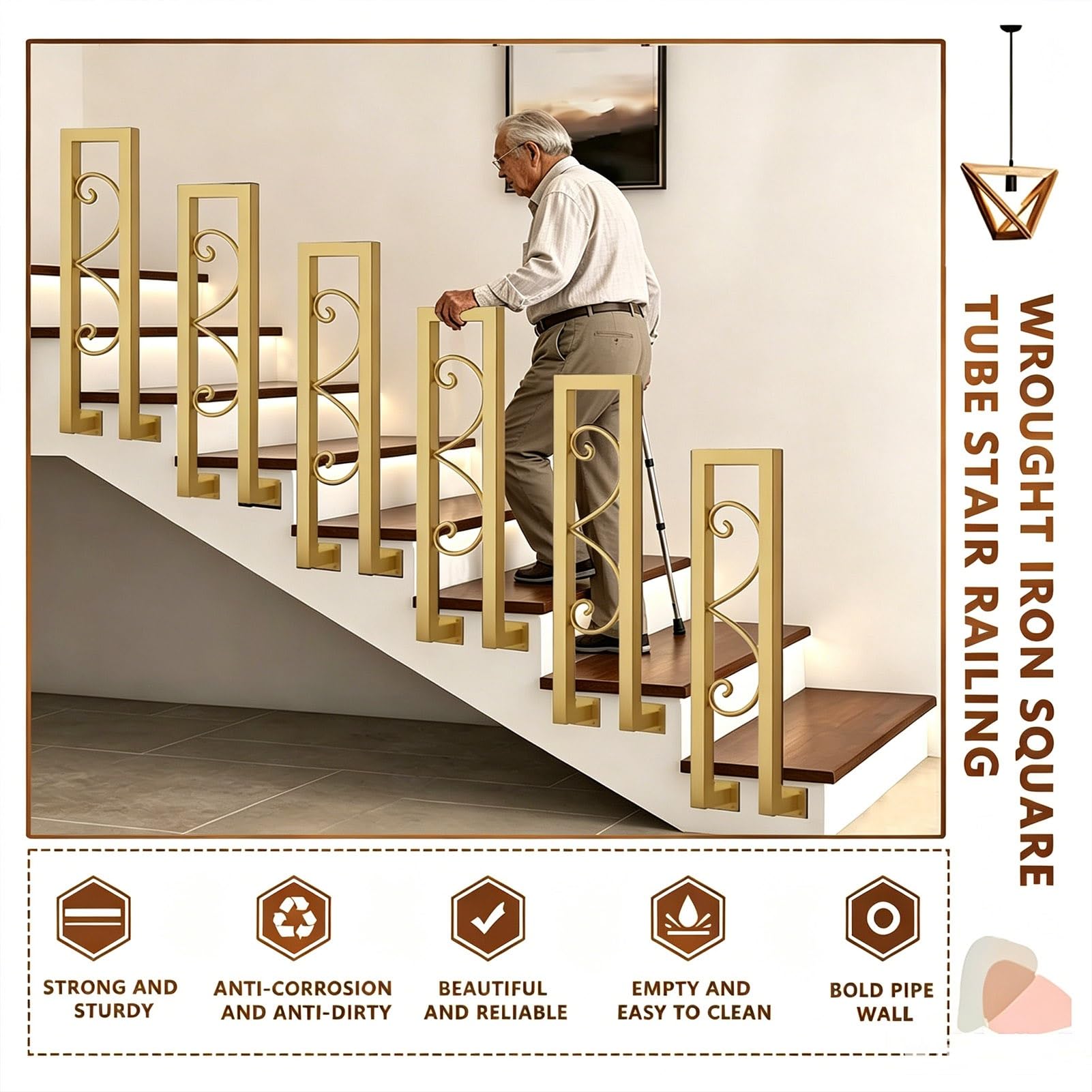 Pasamanos de montaje lateral para escalones interiores Barandilla de escalera exterior - Hierro forjado negro dorado Piquete de barandilla de cubierta de porche para 1 escalón(Gold,100cm)