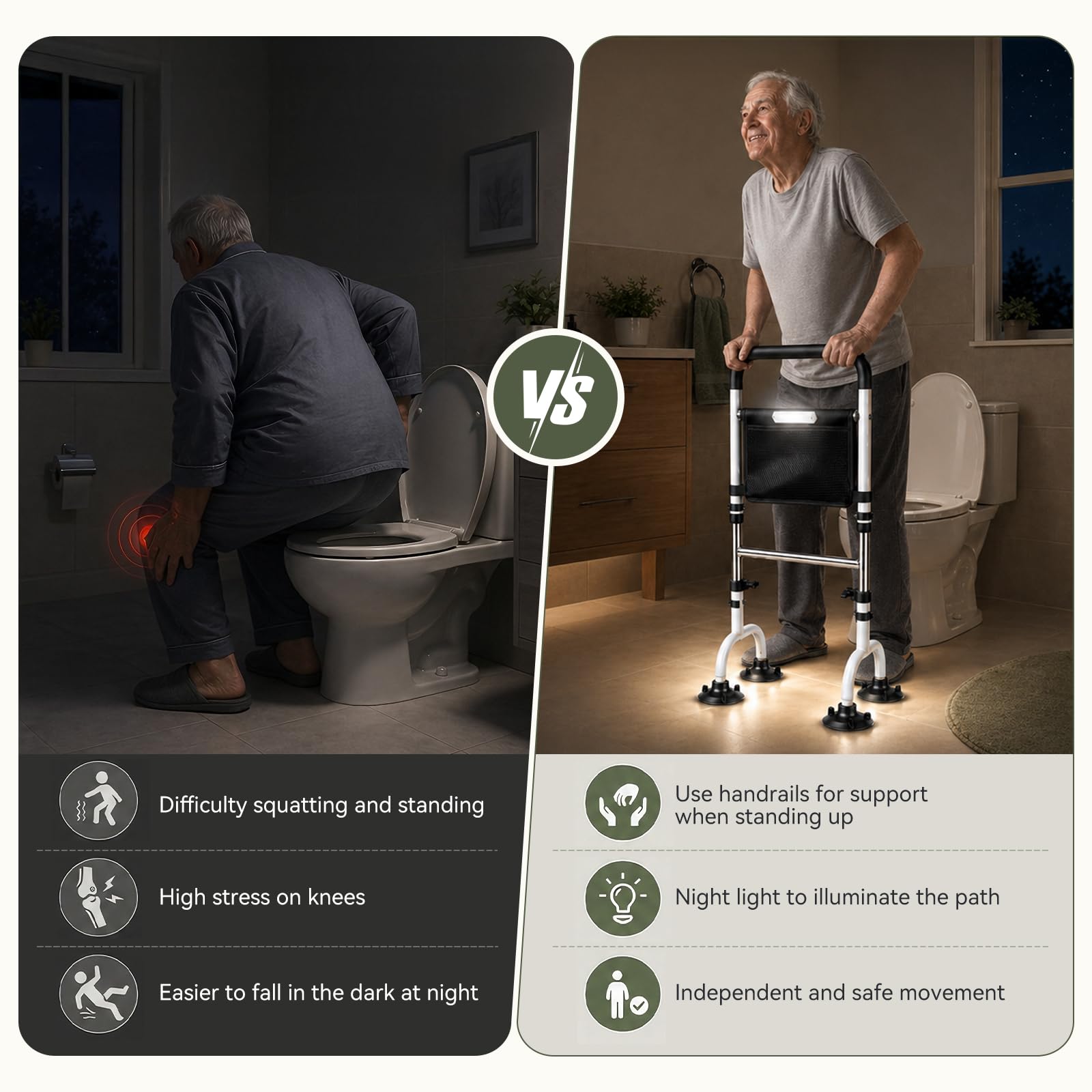 Ayuda para levantarse con iluminación LED para personas mayores, altura ajustable, ayuda de pie para cama, sofá, inodoro, andador con pies antideslizantes y bolsa de almacenamiento, soporta hasta 136