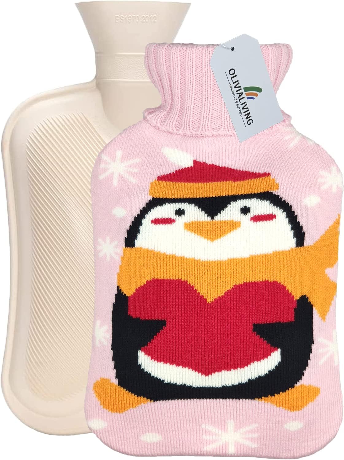 Hot Water Bag Hot Water Bottle 2 Liter Heat Up and Refreezable Hot Cold Pack with Knit Cover for Pain Relief Hot Cold Therapy, Cute Animal Style (Pink Penguin)
