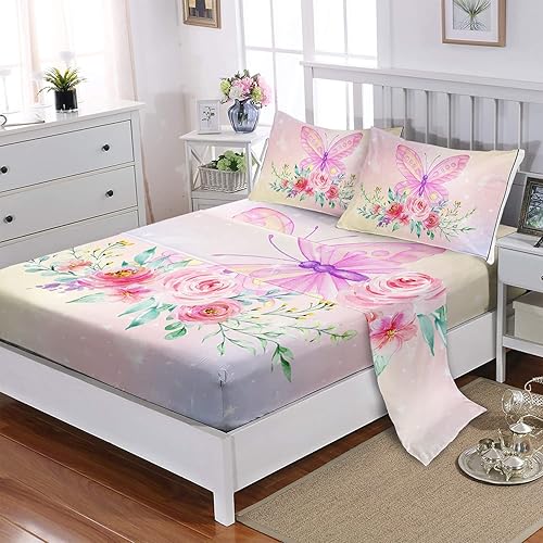 Miniatura 3 de CVHOUSE Juego de sábanas de mariposa, tamaño individual, juegos de ropa de cama floral para niñas, niños y adolescentes, 1 sábana encimera y 1