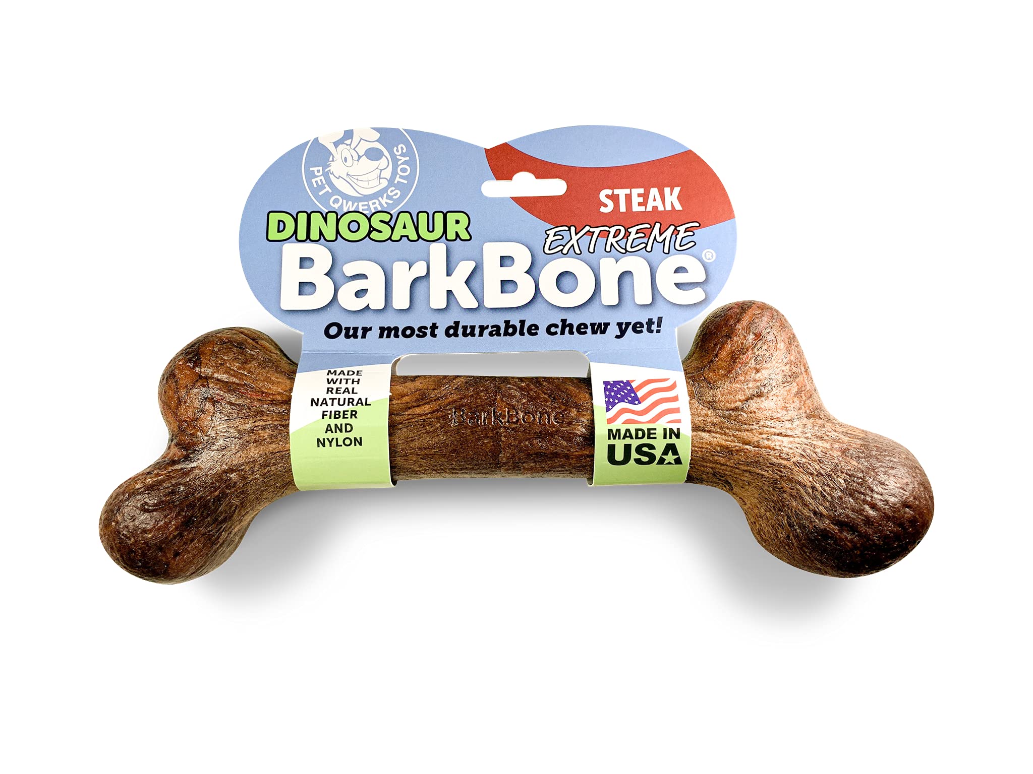 Pet Qwerks Dinosaur BarkBone - Nylon Dog Bone for Aggressive Chewers - Steak Flavor - 11"