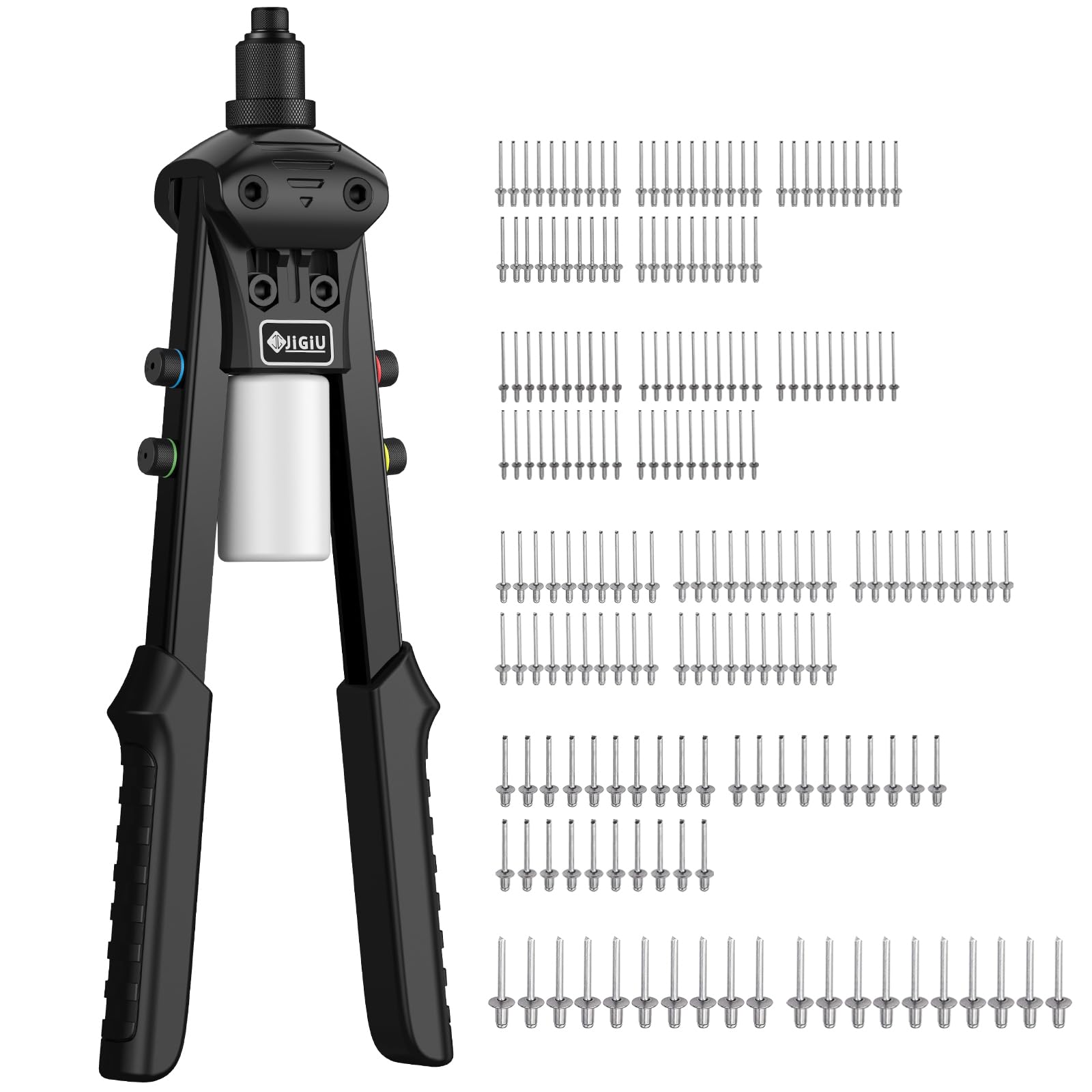 JiGiU Nietzange Set mit 200 Stück Nieten 2.4/3.2/4.0/4.8/6.4 mm, Schwarz | 13,3" Profi Blindnietzange mit 5 Austauschbaren Mundstücke 2.4-6.4mm & Ergonomischer Griff, Popnietenzange für Heimwerker