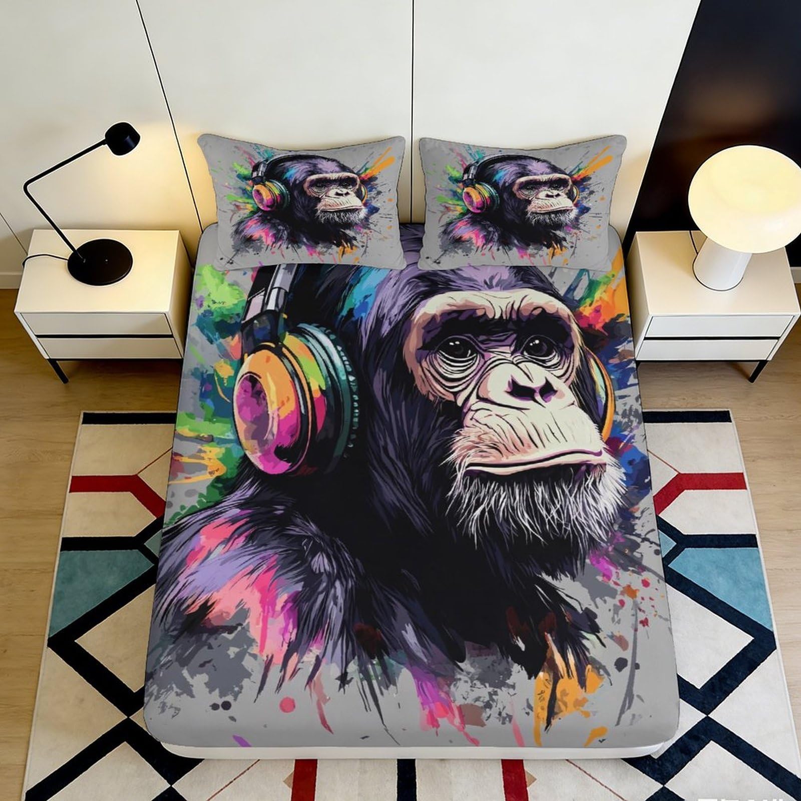 3D Printed Graffiti Monkey Fitted Sheet Microfiber Vibrant Headphone Art Mattress Cover for Bedroom Dorm Decor 90x200x25cm