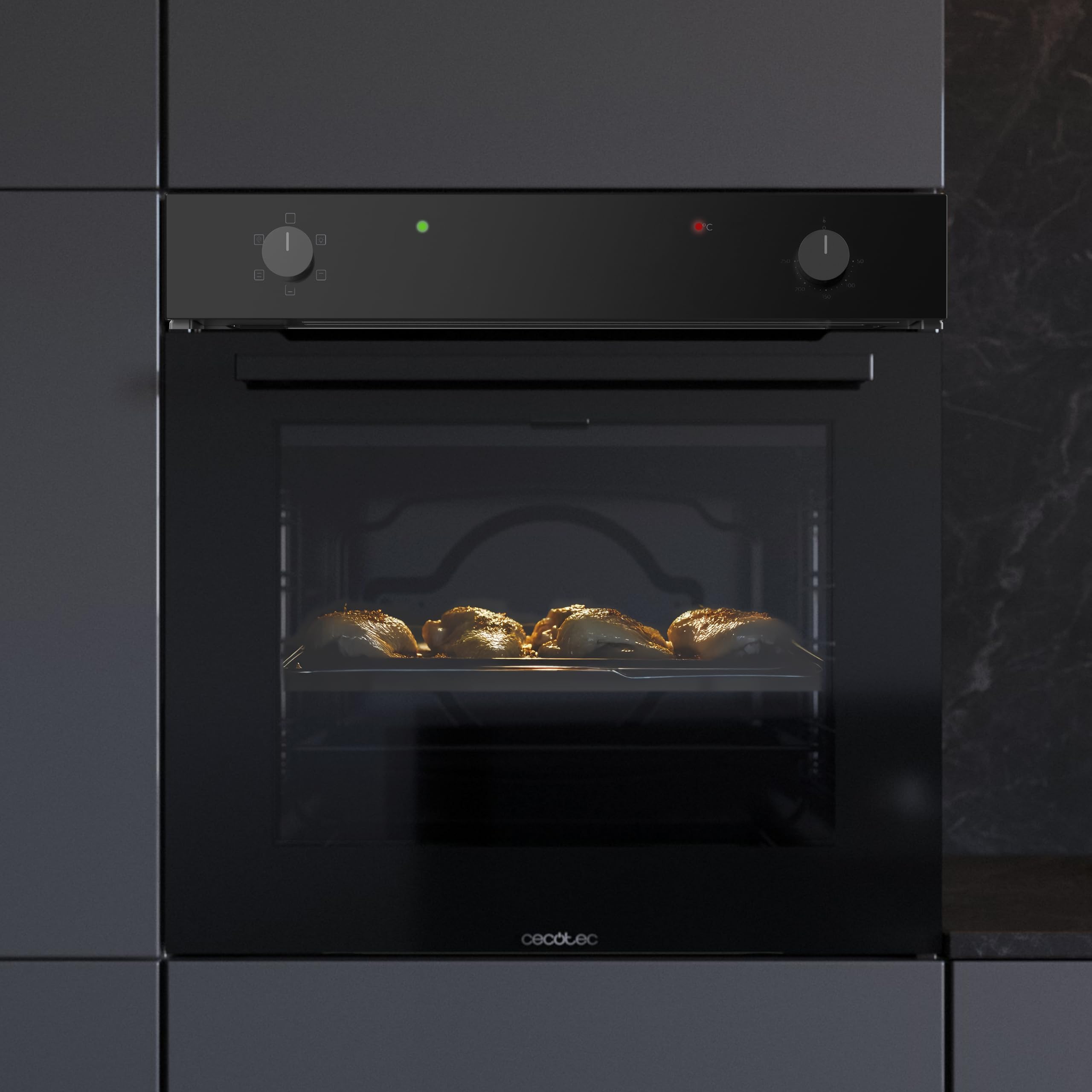 Cecotec Einbaubackofen Multifunktional Konventionell 80L Bolero Hexa C126400 Glass Black. 2800W, 5 Funktionen, Niedriger Verbrauch, Innenbeleuchtung, Steam Assist, Steam EasyClean, Kalte Tür 2 Gläsern