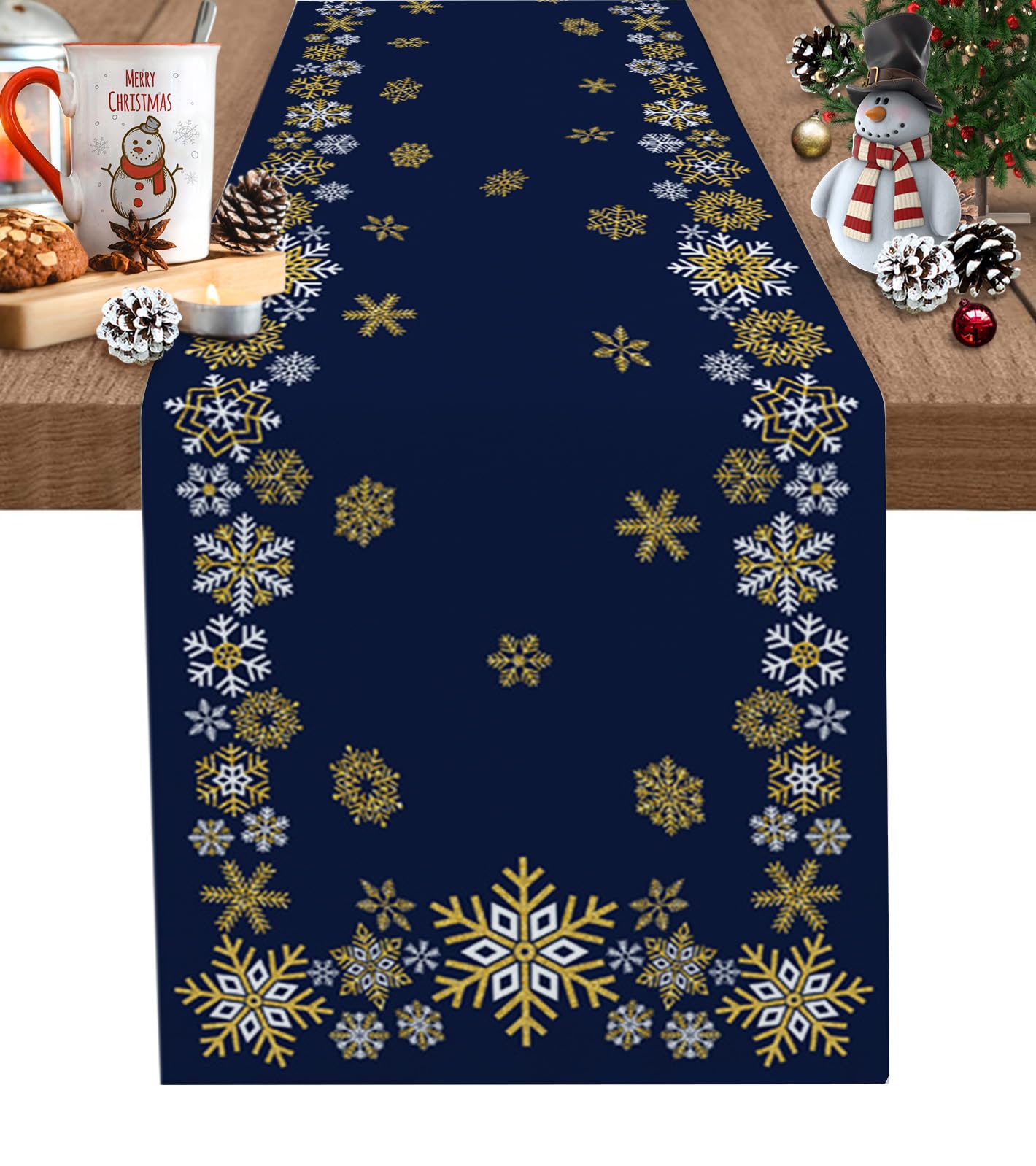 Camino de mesa de Navidad con copos de nieve dorados y blancos, mantel de lino de algodón y lino para decoración de mesa para el hogar, cocina, comedor, interior, exterior, 33 x 229 cm de largo, azul
