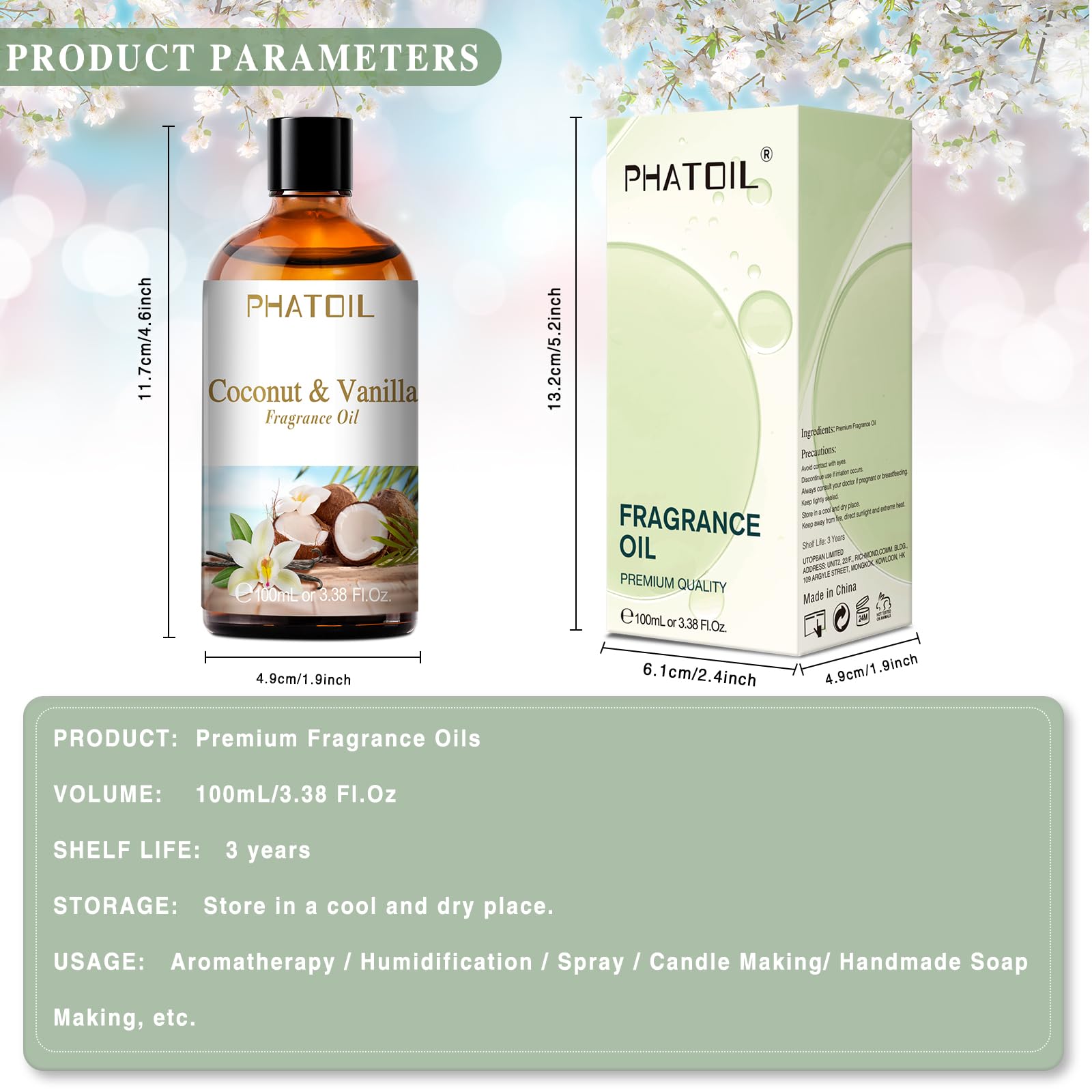 PHATOIL Oli Essenziali Cocco & Vaniglia 100 ml, Oli Essenziali Profumati per Diffusori, Olio Essenziale di Cocco Vaniglia per Diffusore Aromaterapia, Umidificatore, Candele Fai da De