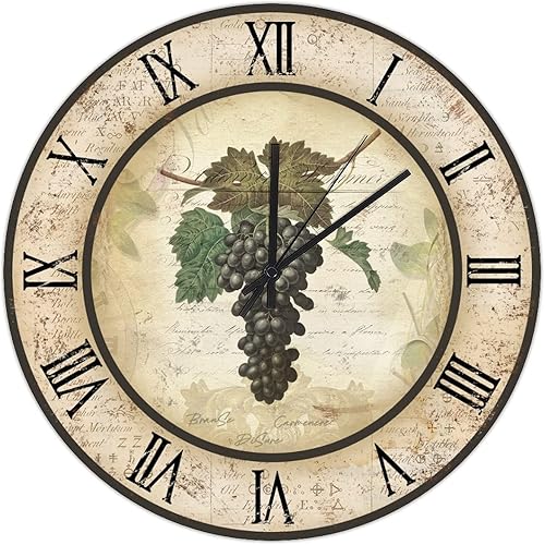 Reloj de pared redondo de vino de uva, vintage, de 10 pulgadas, silencioso, sin tictac, funciona con pilas, relojes de pared decorativos para el