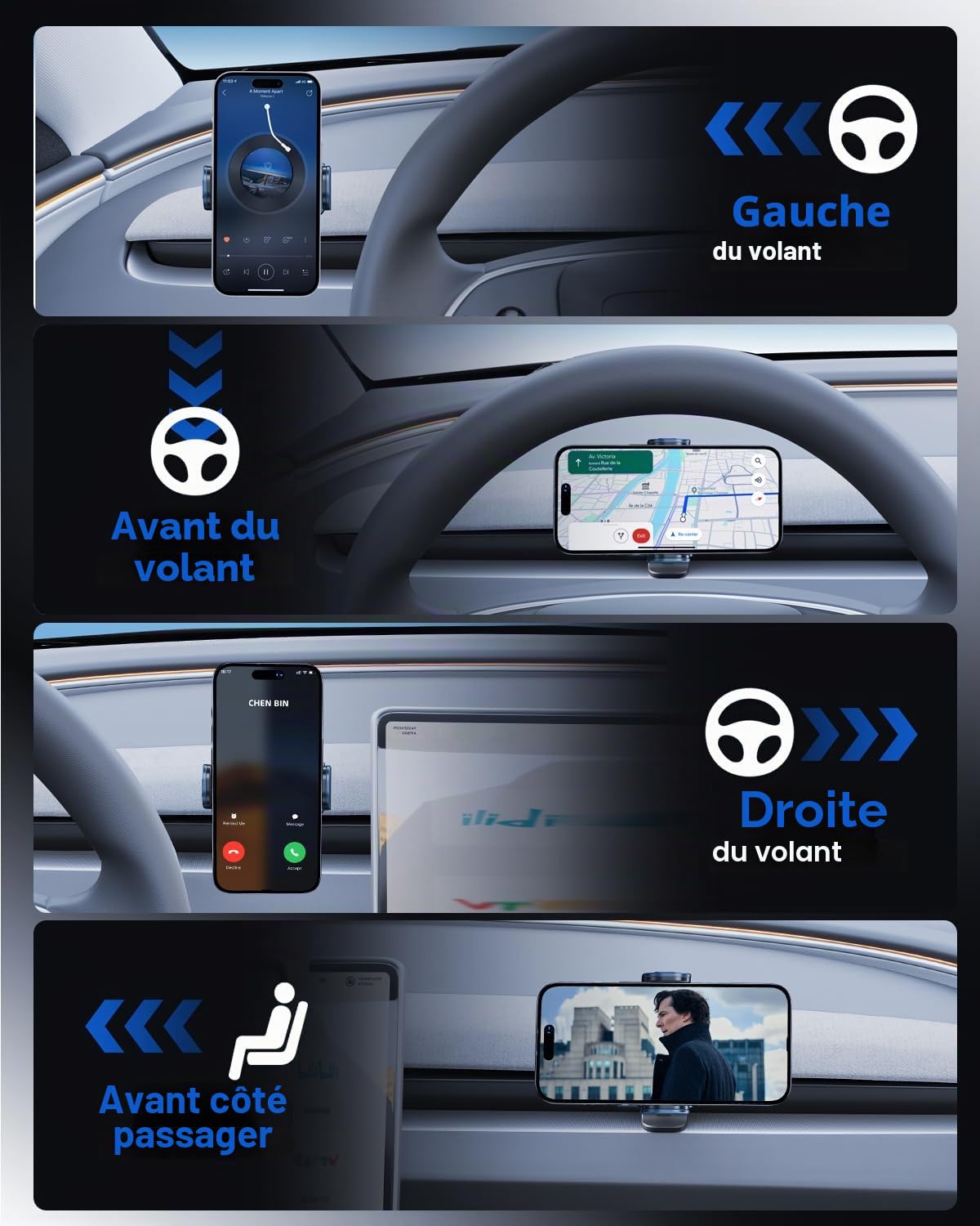 Support Téléphone pour Tesla Model Y 2025-2026 et Model 3 2024-2026 AI Détection Automatique 360° Support Téléphone Électrique pour iPhone, Samsung et Plus (Non Compatible avec Performance)