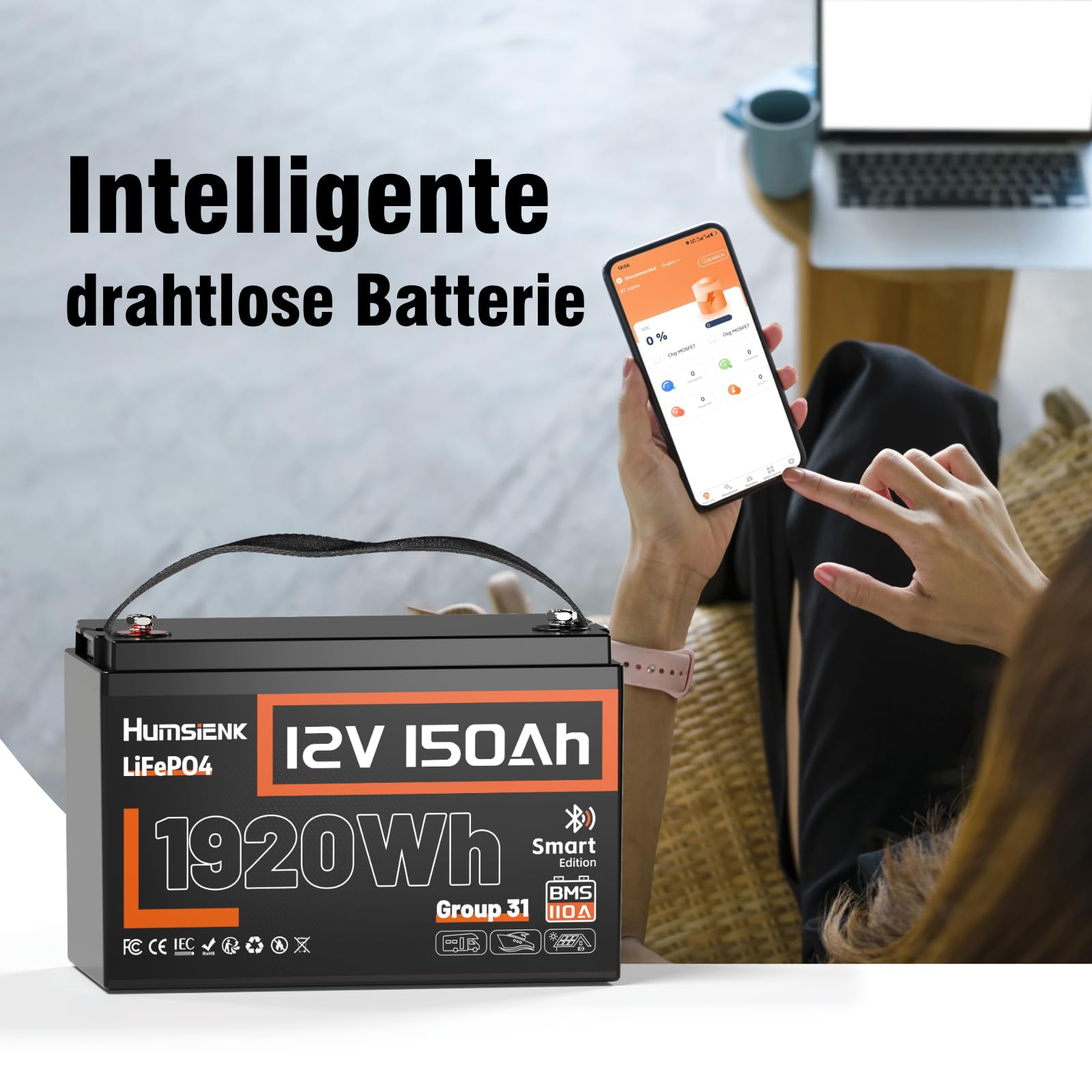 Humsienk 12V 150Ah LiFePO4 Batterie mit Bluetooth, 110A BMS 1920Wh Tiefzyklus Lithium Batterie, Niedrigtemperaturschutz, Perfekt für Wohnmobile, Trolling-Motoren, Yachten, Boot