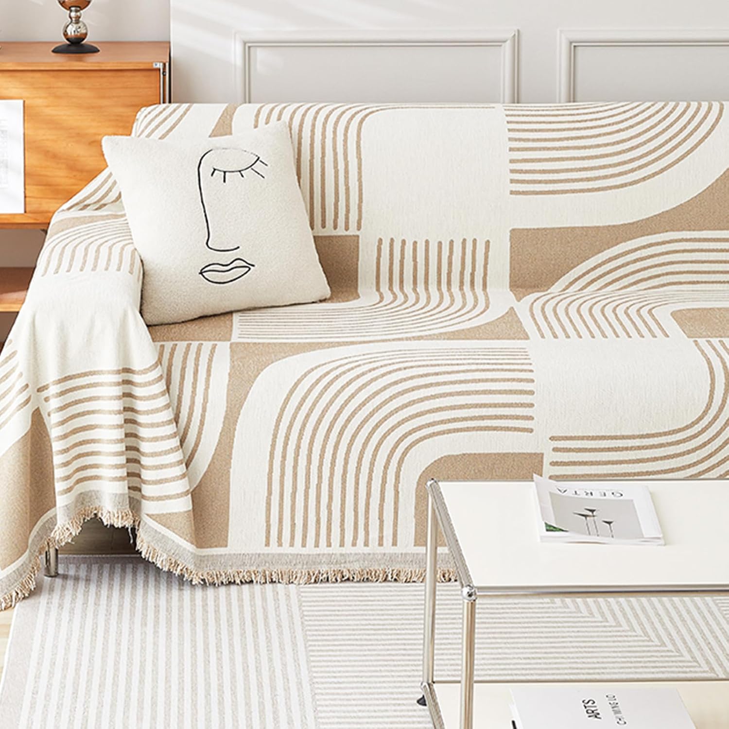 MERRYLIFE Chenille Boho Sofa Slipcover with Tassel Non-Slip Bohemian Soft Washable Loveseat Couch Cover Pet Furniture Protector (Khaki Geometric, 71"*118")