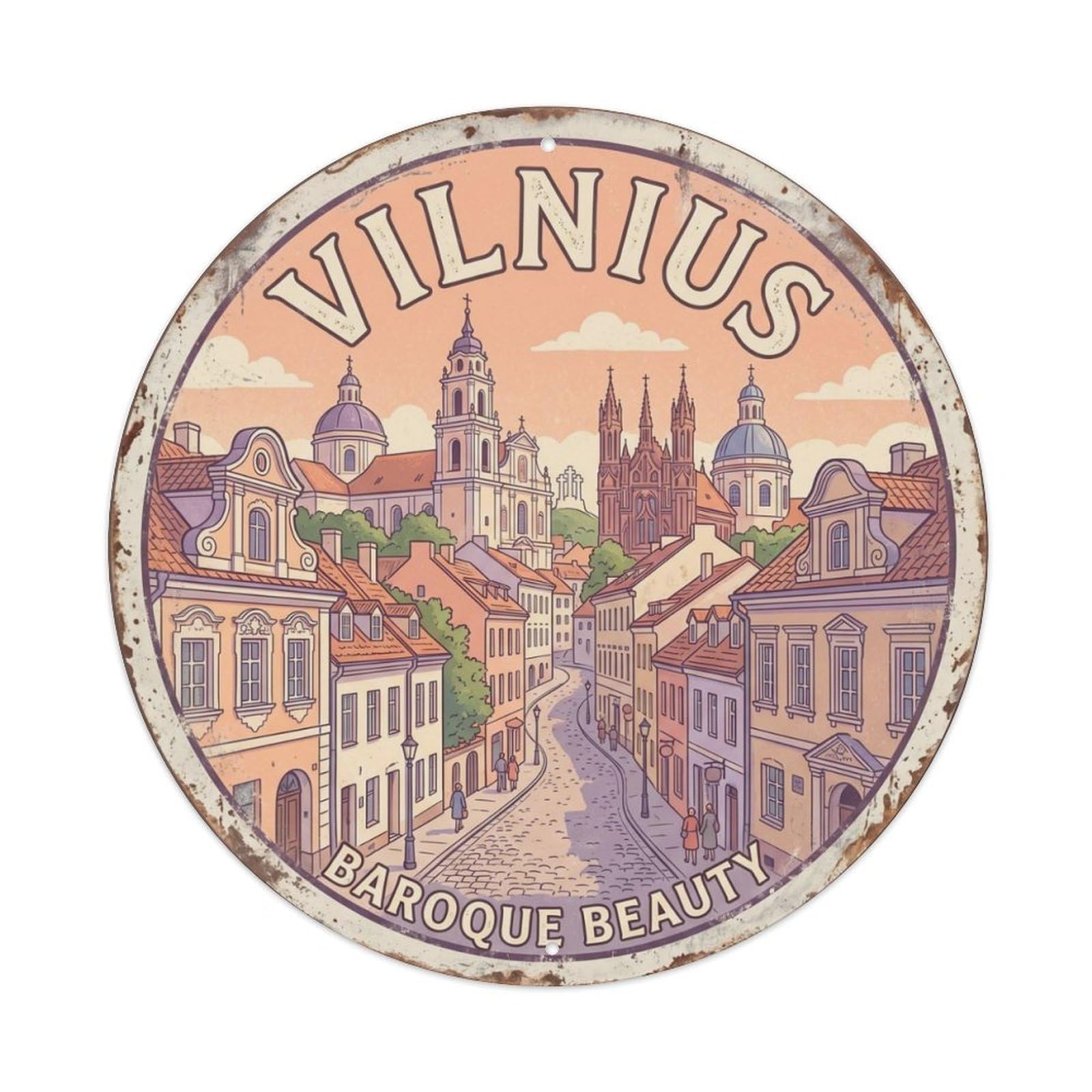 Vintage Travel Vilnius Lithuania Historic Metal Tin Sign Plaque Wall Decor for Cafe, Club, Garden Round Metal Poster 8x8Inch