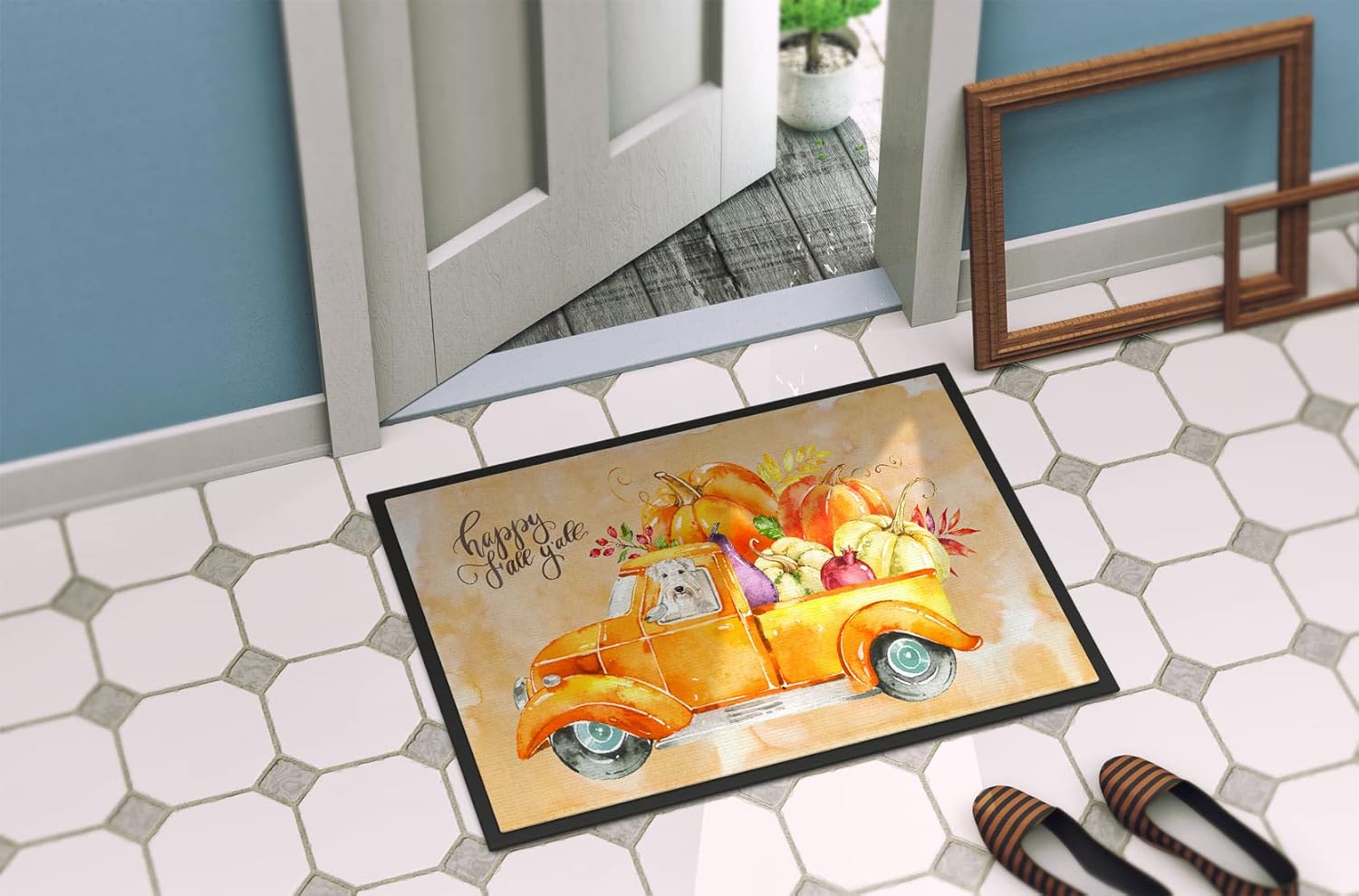 Caroline's Treasures CK2640MAT Fall Harvest Wheaten Terrier Doormat 18x27 Front Door Mat Indoor Outdoor Rugs for Entryway, Non Slip Washable Low Pile, 18H X 27W