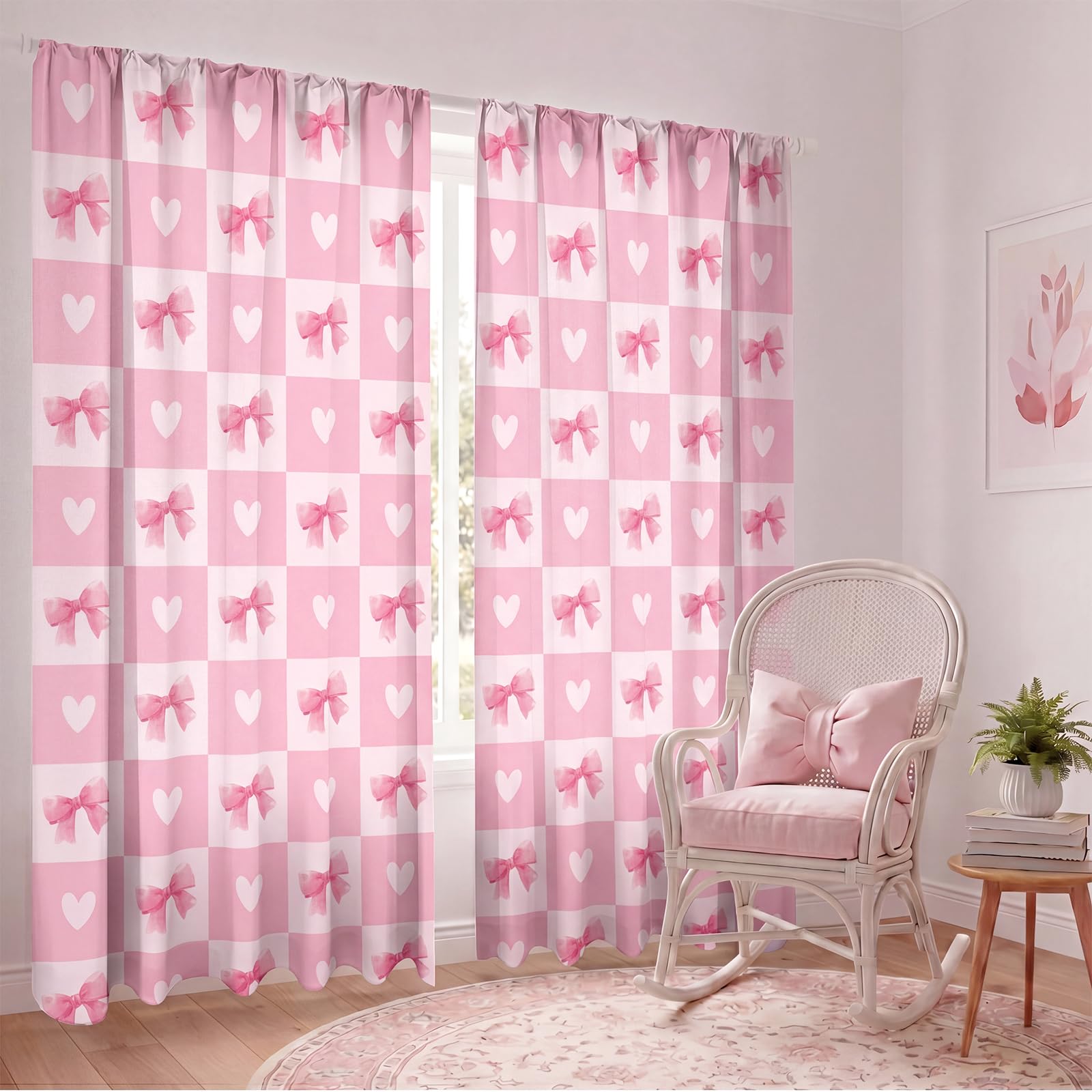 SmoothNovelty 2 Pcs Pink Bow Curtains for Living Room Plaid Pink Bow Heart