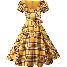 GOOBGS Womens 1950s Vintage Puff Sleeves Cocktail Rockabilly Swing Retro Dress with Pockets New