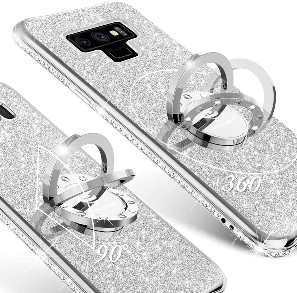 OCYCLONE for Galaxy Note 9 Case, Glitter Cute Phone Case for Women Girls with Kickstand, Bling Diamond Rhinestone Bumper with Ring Stand Compatible with Galaxy Note 9 Case for Girl Women - Silver