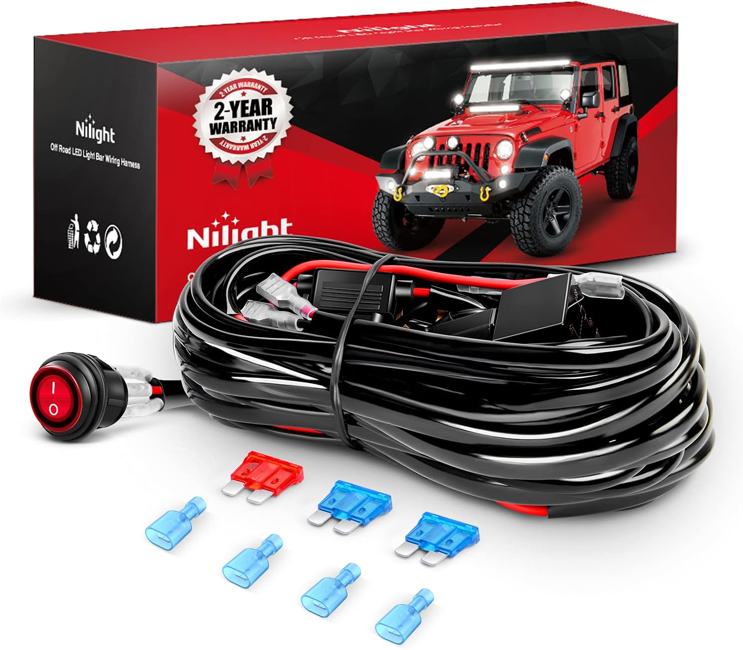 Nilight LED Light Bar 15 FT Wiring Harness Kit - 2 Leads 16AWG 12V On Off Switch Power Relay Blade Fuse for Off Road Lights LED Work Light, 2 Years Warranty Black