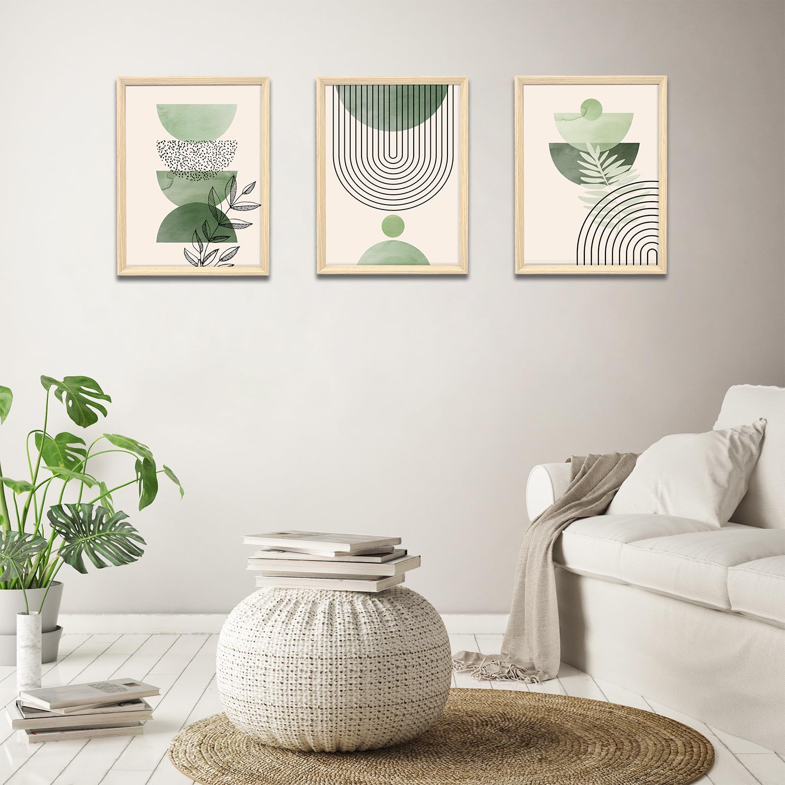 3 Pcs Wooden Framed Canvas Wall Art Set Bohemian Sage Green Canvas Prints Poster Geometric Line Beige Green Pictures for Living Room Bedroom Dinning Room Hallway Stairs Wall Decor 30x40cm x3pcs — view 209