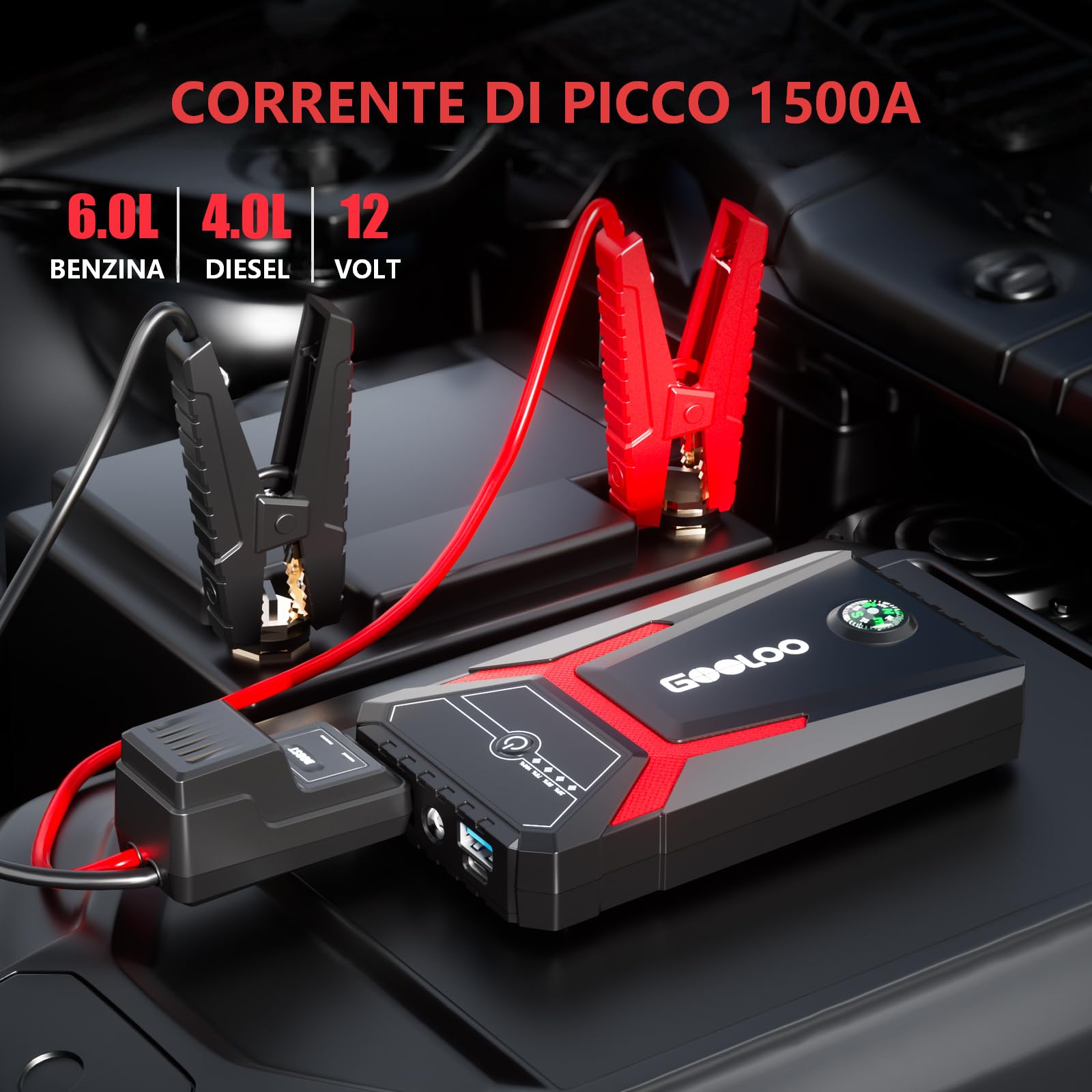 GOOLOO 1500A Avviatore di Emergenza per Auto, Supersafe 12 V Portatile Avviatore Batteria Auto, Cavo di Avviamento Intelligente, Adatto per Benzina da 6 L e Diesel da 4 L