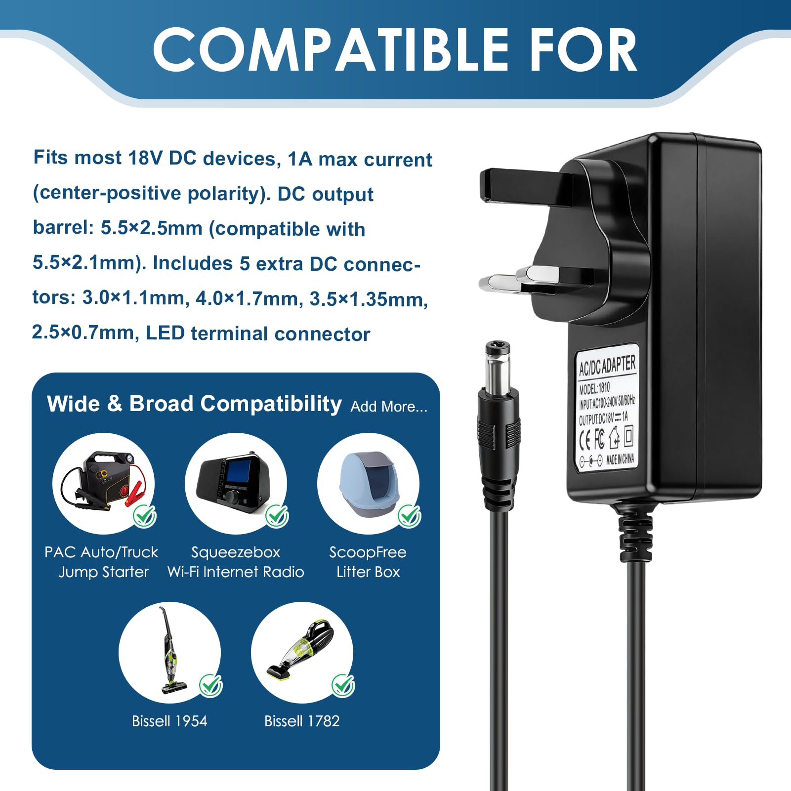 18V 1A AC to DC Power Supply Adapter, 100-240V Charger 18 Volt 100mA~1000mA with 5 DC Connector Center Positive for 18V Logitech Radio, Speaker, Sound Bar (Not for Drill or Guitar, Not for Battery) — view 2