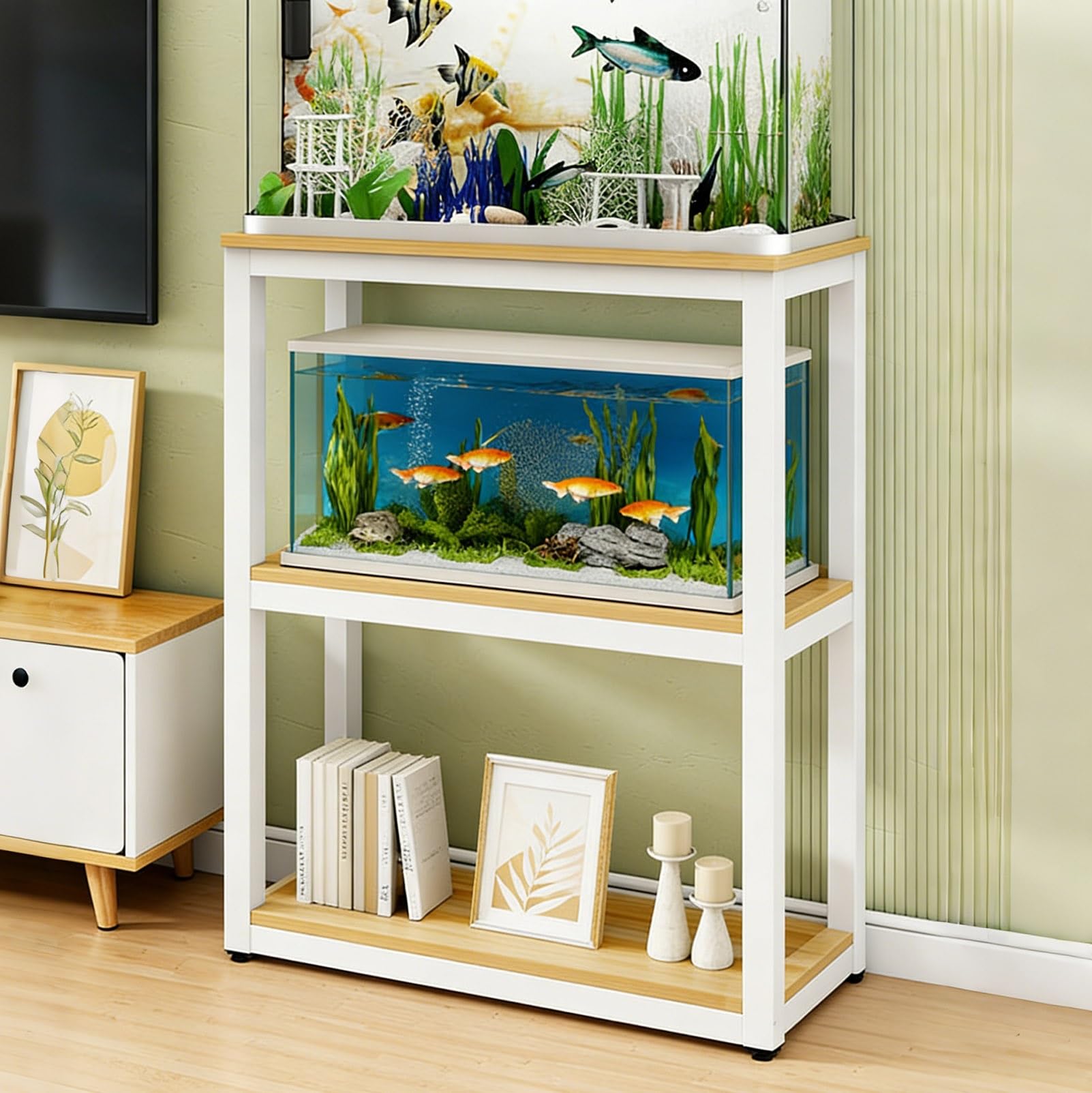 3-poziomowa Podstawka Pod Akwarium Z Półkami Wytrzymała Podstawka Pod Akwarium Z Regulowanymi Nóżkami, Stojak Na Terrarium Dla Gadów I Żółwi Do Domowego Biura(Wood+White Frame,61x40x120cm)