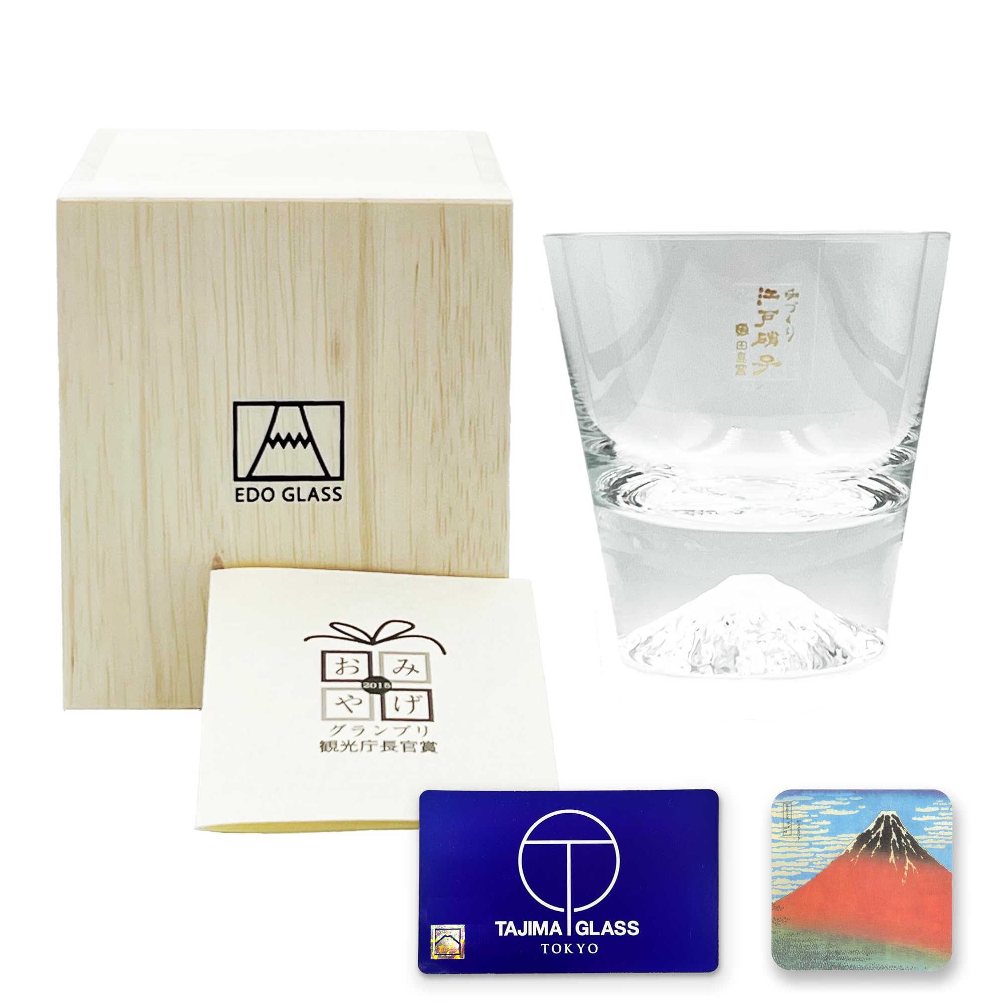 Tajima Mt Fuji Rock Glass 9.6oz Edo Glass Wooden Box Coaster Japan