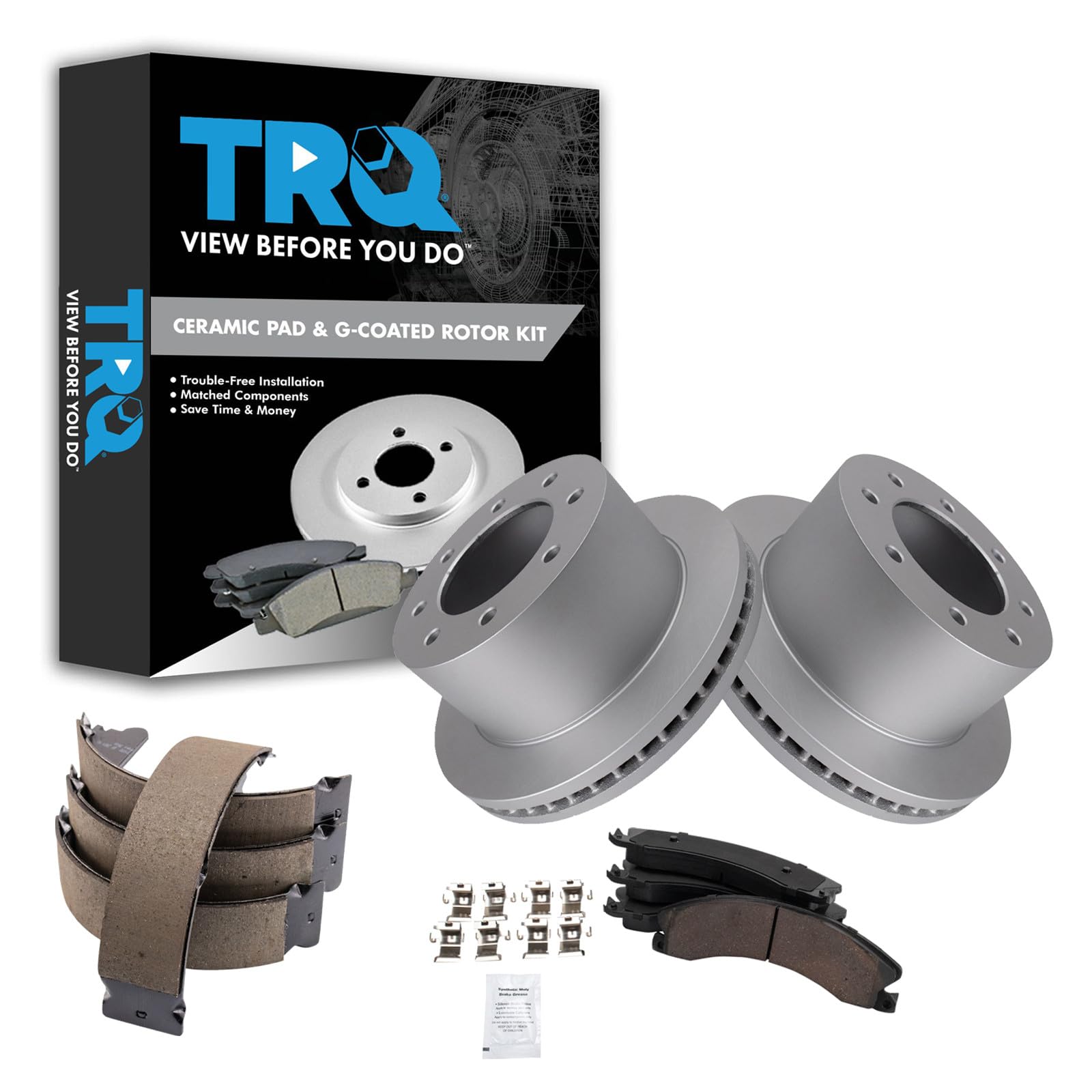 TRQ Rear Brake Pad &amp; Rotor Kit Parking Brake Shoe Set Ceramic Premium G-Coated Compatible with 2013-2017 Chevrolet Silverado 3500 HD GMC Sierra 3500 HD