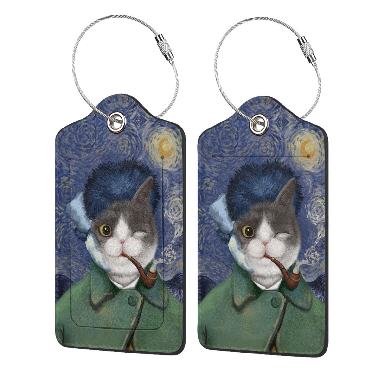 Gepäckanhänger aus Leder mit lustigem Katzen-Motiv, mit Edelstahlring, lustiger Namensschild, Reisetaschenanhänger-Set, geeignet für Reisetasche, Gepäck, Damen und Herren, 2 Stück