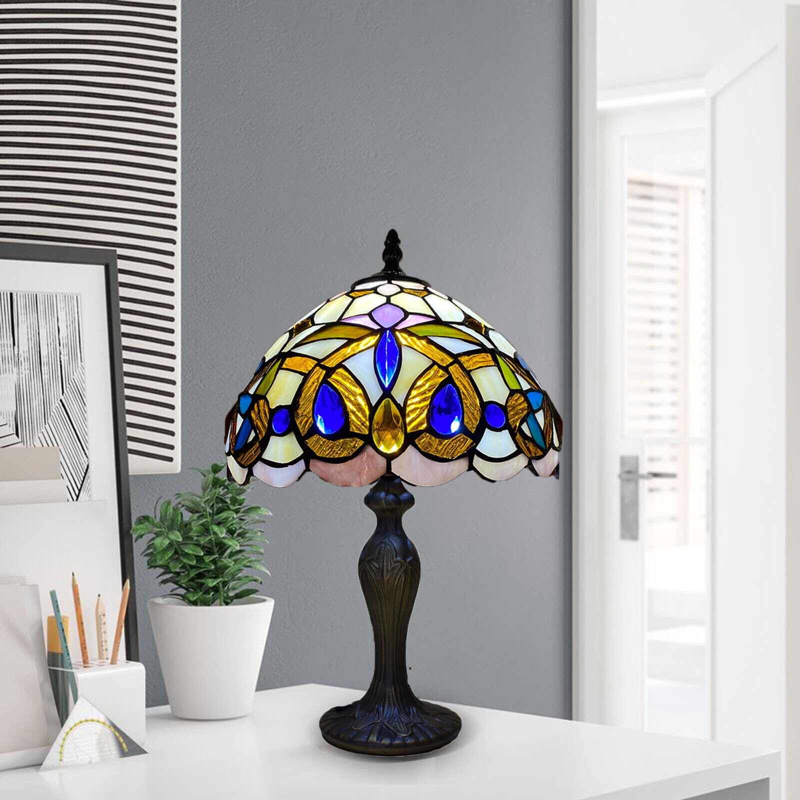 TIFFORA Tiffany Table Lamp – Stained Glass Bedside Lamp, Vintage Art Deco Desk Light for Bedroom, Living Room & Reading, 10 Inch, E27 LED Bulb Compatible Tiffany Style Lamps