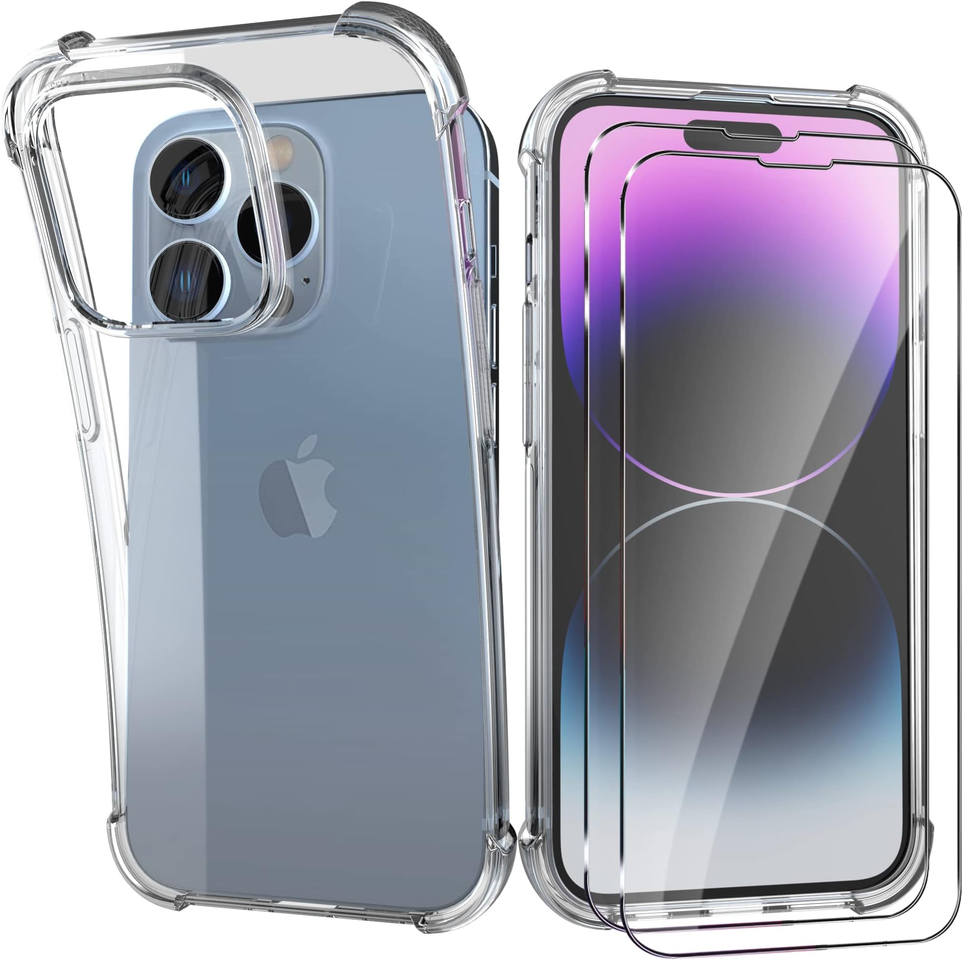 HTDELECCase for iPhone 14 Pro 6.1 Inch + [Pack of 2] Screen Protector, Transparent Soft Transparent Thin Mobile Phone Case with TPU Bumper Case Cover for iPhone 14 Pro 6.1 Inch - Shockproof