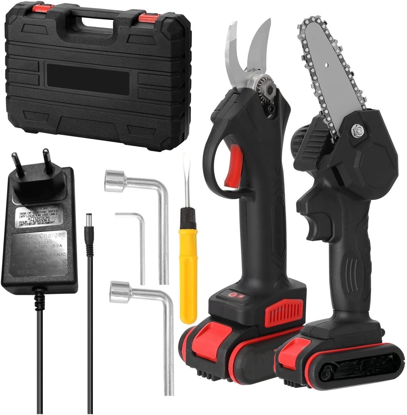 Kit Potatura, Forbici da Potatura e Mini Sega Elettrica, Motosega Lama 4", Trancia Rami Professionale Cesoie Elettriche portatile, 5 M/S, con 2 Batterie da 48V, Valigetta e Accessori