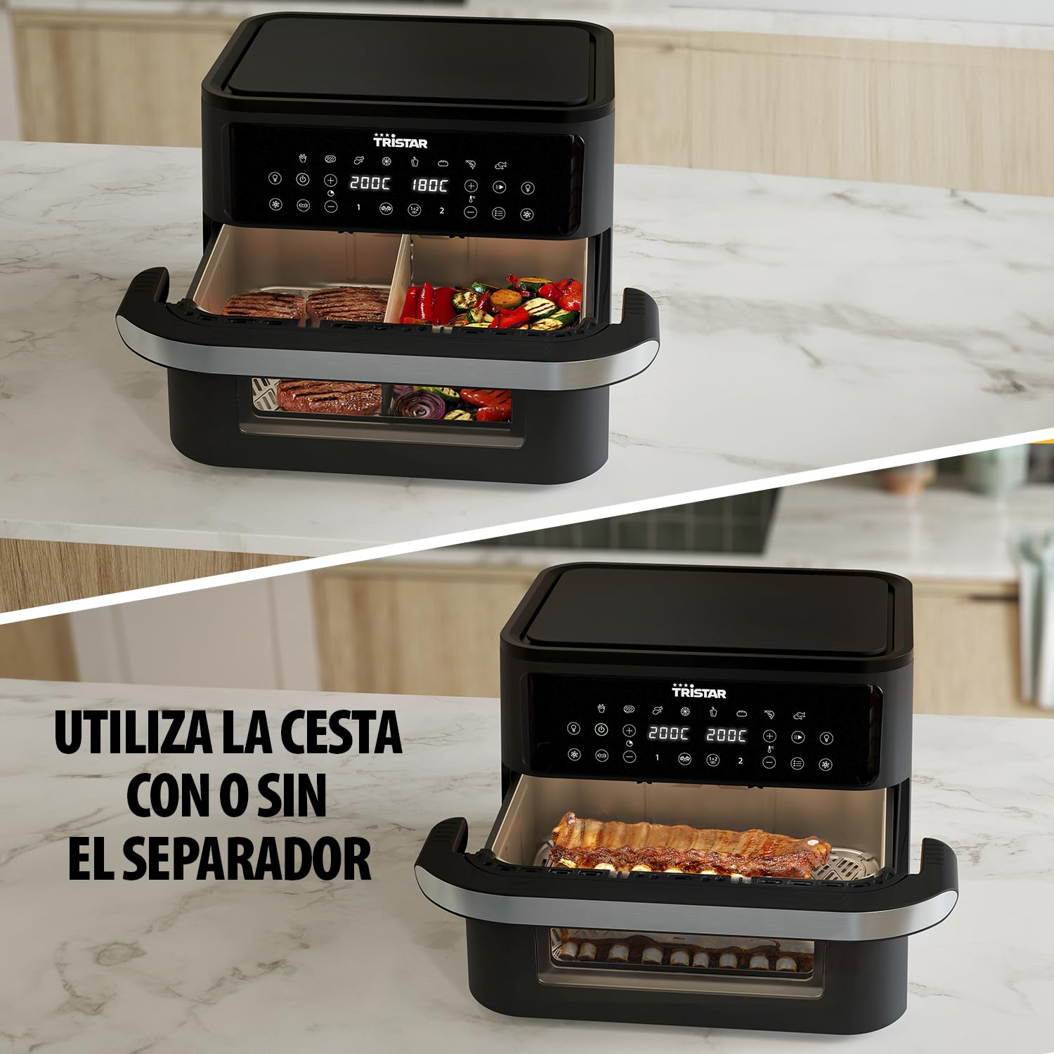 Tristar Freidora de Aire Dualzone Flex, Capacidad 10 L, 2800 W, 8 Programas, Pantalla Digital, Cocina Sin Aceite, Apagado Automático, Antiadherente, Apta Lavavajillas, FR-9432