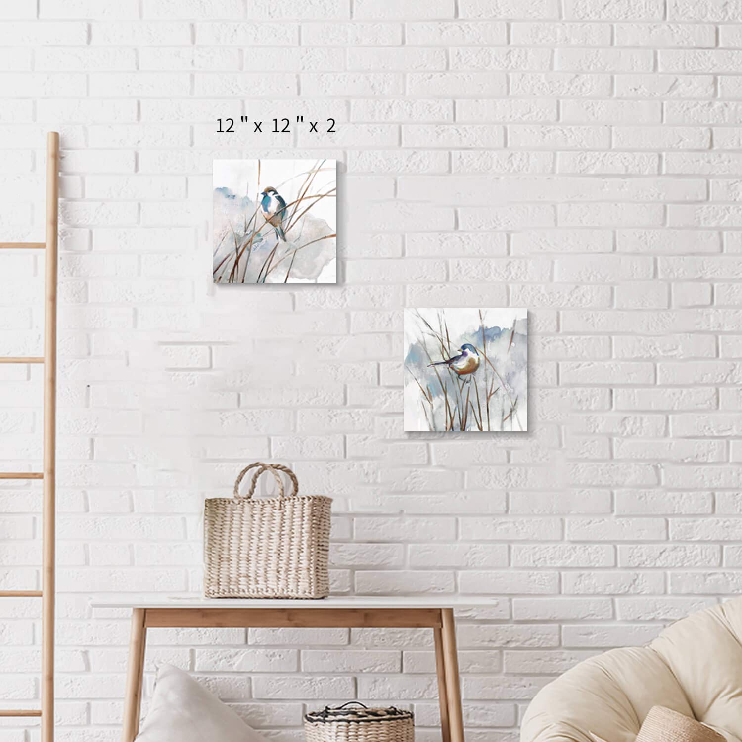 Abstract Picture Bird Wall Art: Animal Birds on Reed Watercolor Artwork Prints on Canvas for Bedroom (12” x 12” x 2 Panels)