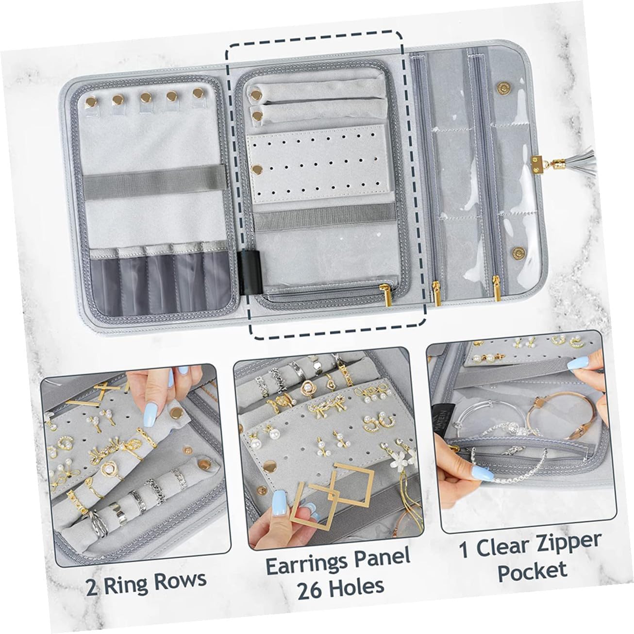 BESPORTBLE Travel Jewelry Organizer Roll Bag for Bracelets Brooches Foldable Jewelry Holder with Thickened Wear-resistant Material Large Capacity Zipper Pouch for Female Travel and Outdoor