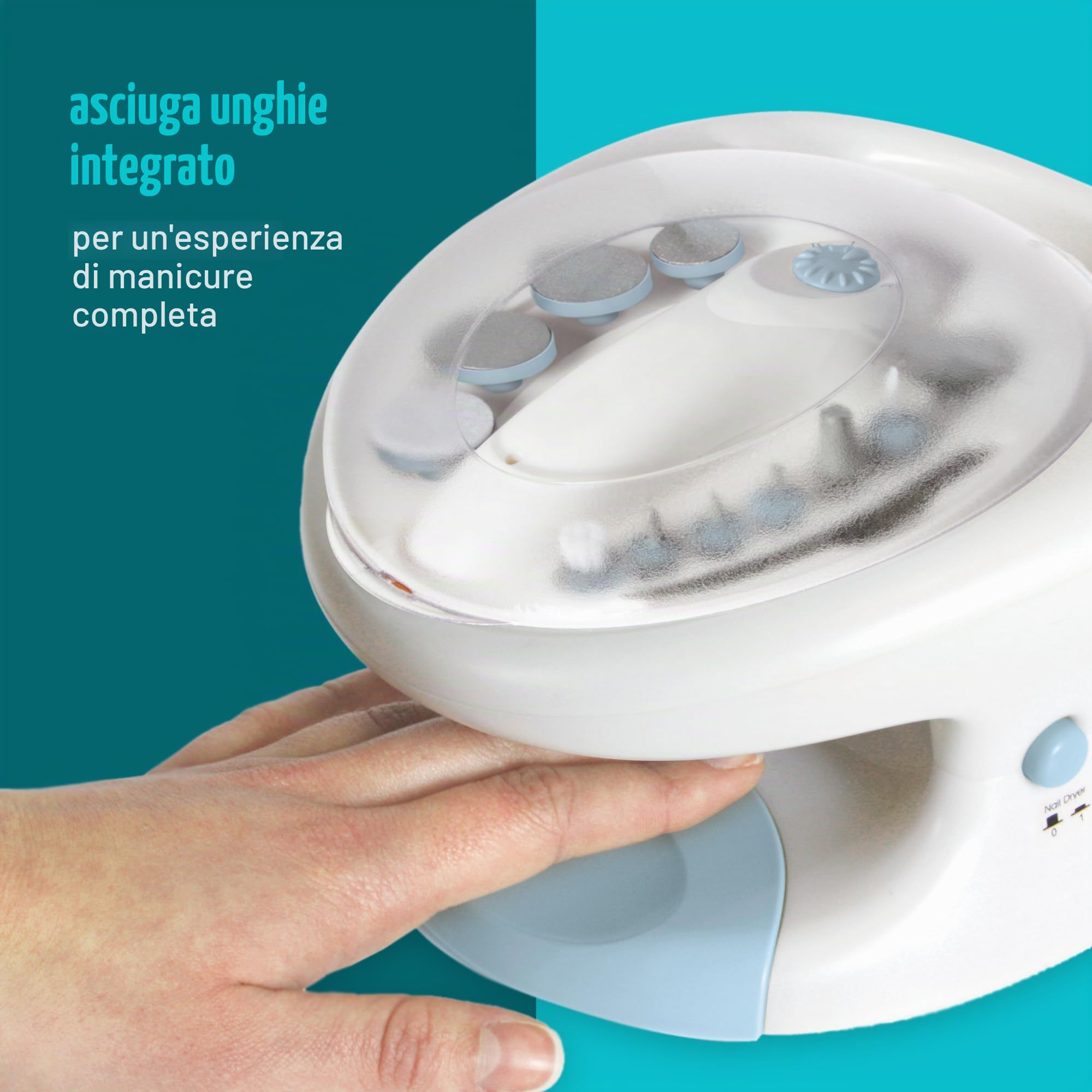 HoMedics Set per Manicure e Pedicure Elettrico, Kit Massaggio Lenitivo con Ammollo, 12 Accessori per Trattamento di Unghie, Dischi Lucidanti e Leviganti, Rimozione di Calli e Cuticole, Asciuga Smalto