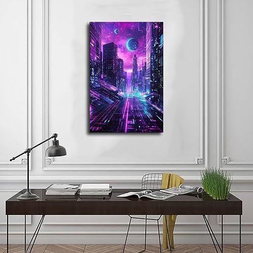 Miniatura 3 de Futuristic Neon City Wall Art  Synthwave Aesthetic Poster with Grid & Planet Elements Modern Wall Prints Abstract Geometric Minimalist Art Framed