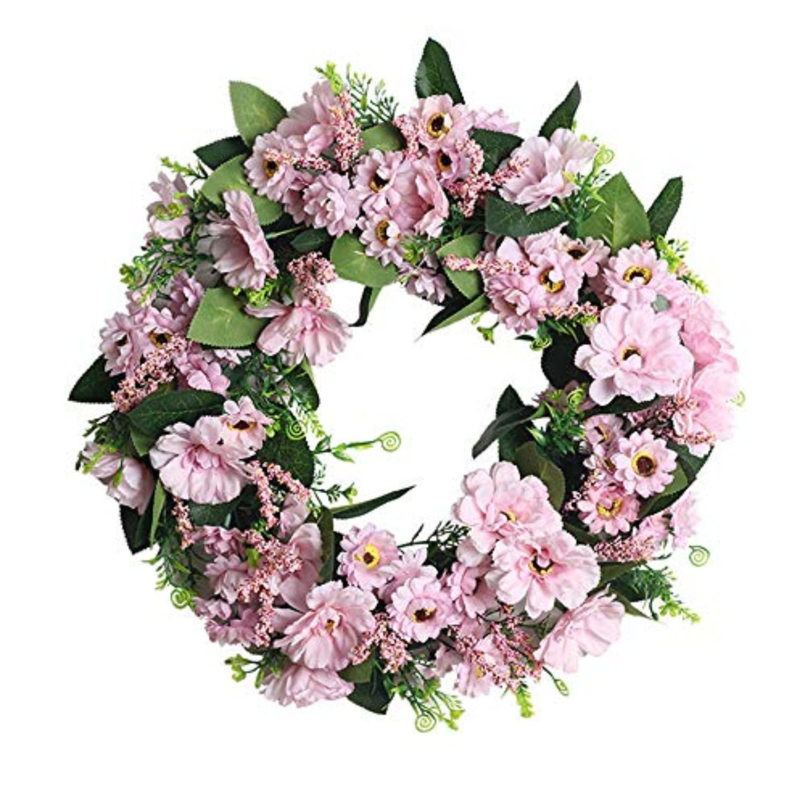 Artificial Spring Wreath 45cm Light Pink Floral Wreath for Front Door, All Season Summer Wreath with Greenery for Home Decor (Pink)