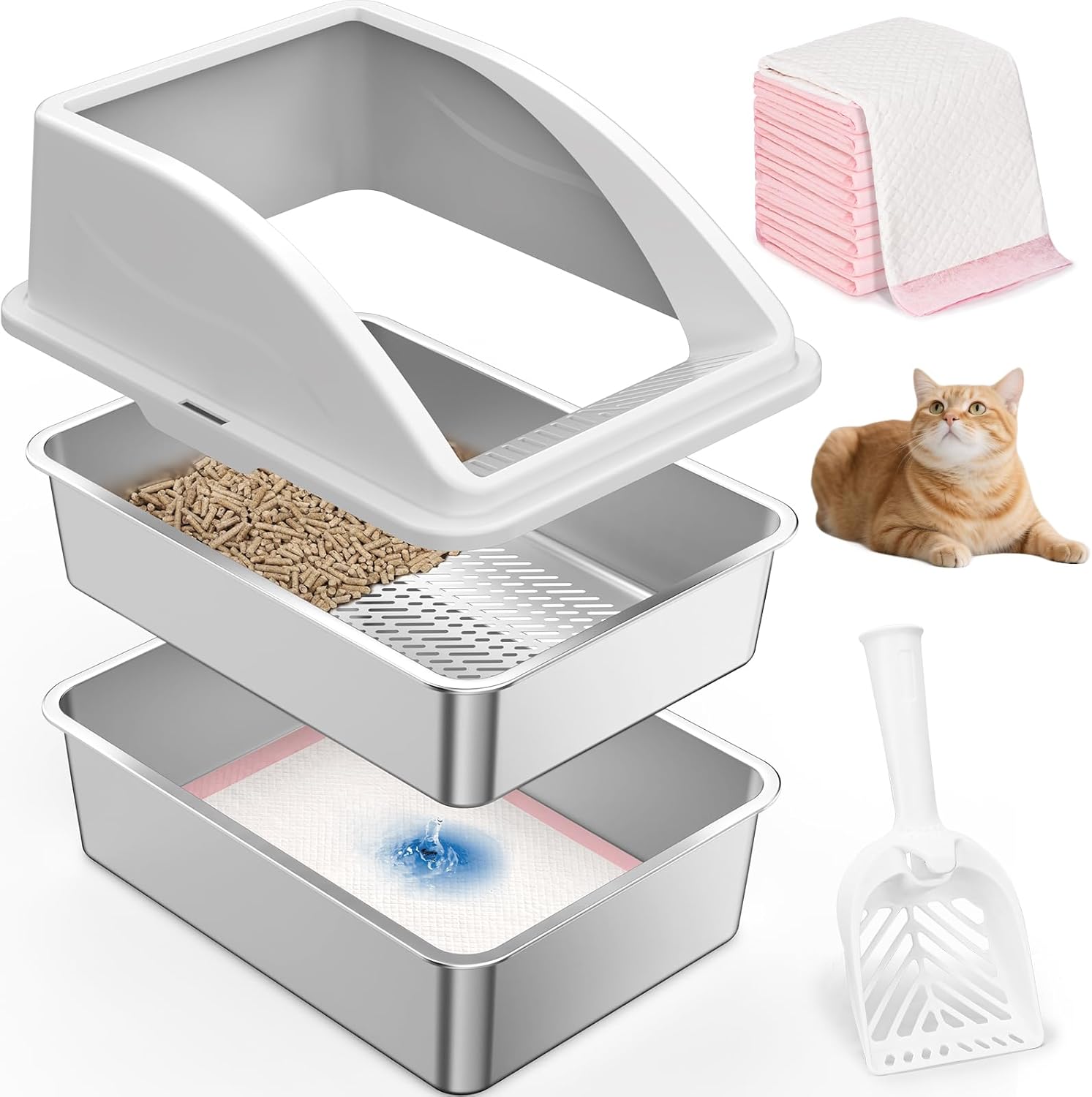 Stainless Steel Litter Box for Pine Pellet Cat Non Clumping Litter System | XXL Sifting Cat Box with Lid for Big Cats | High Sided, Anti-Urine Leakage | Non-Stick Bottom XX-Large Silver Gray