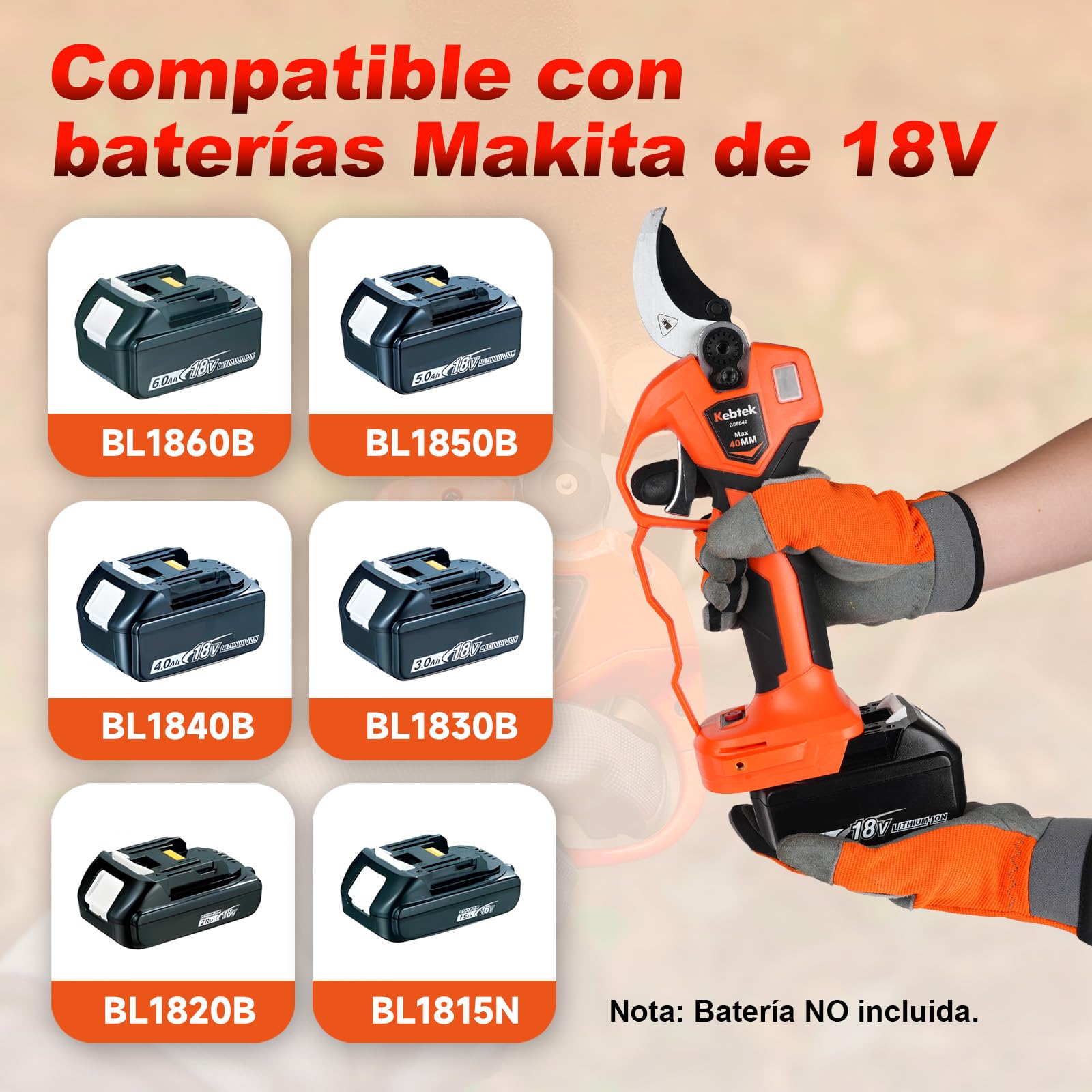 Kebtek Tijera Podar Electrica 40 mm Corte Podadora con Bateria Tijeras Electricas Profesional de 1,6'' para Jardinería y Trabajos Pesados | Tijera Podadora con Batería Corte Progresivo Compatibles con Batería Makita Clip para el Cinturón para Jardinería,