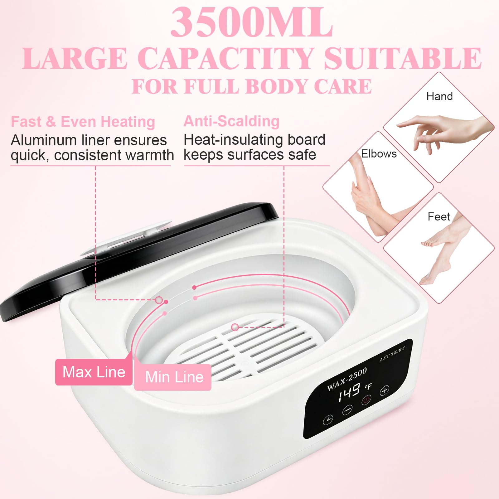 Beauty Star Macchina per cera di paraffina per mani e piedi, grande capacità da 3500 ml, con timer automatico e funzione di mantenimento del calore, kit idratante per alleviare l'artrite, pelle secca