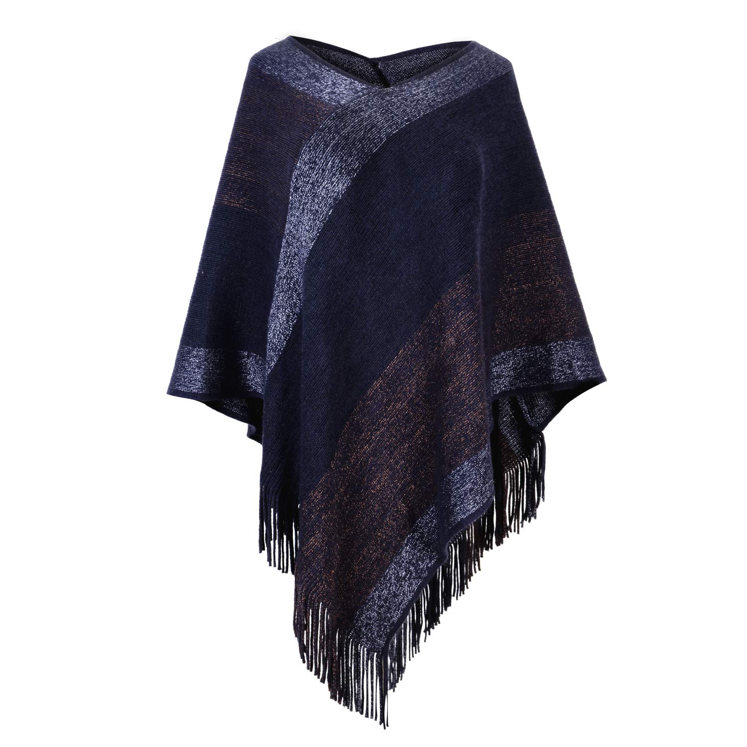 Women's Elegant Knitted Shawl Poncho with Fringed V-Neck Striped Sweater Pullover Cape Gifts for Women Mom
